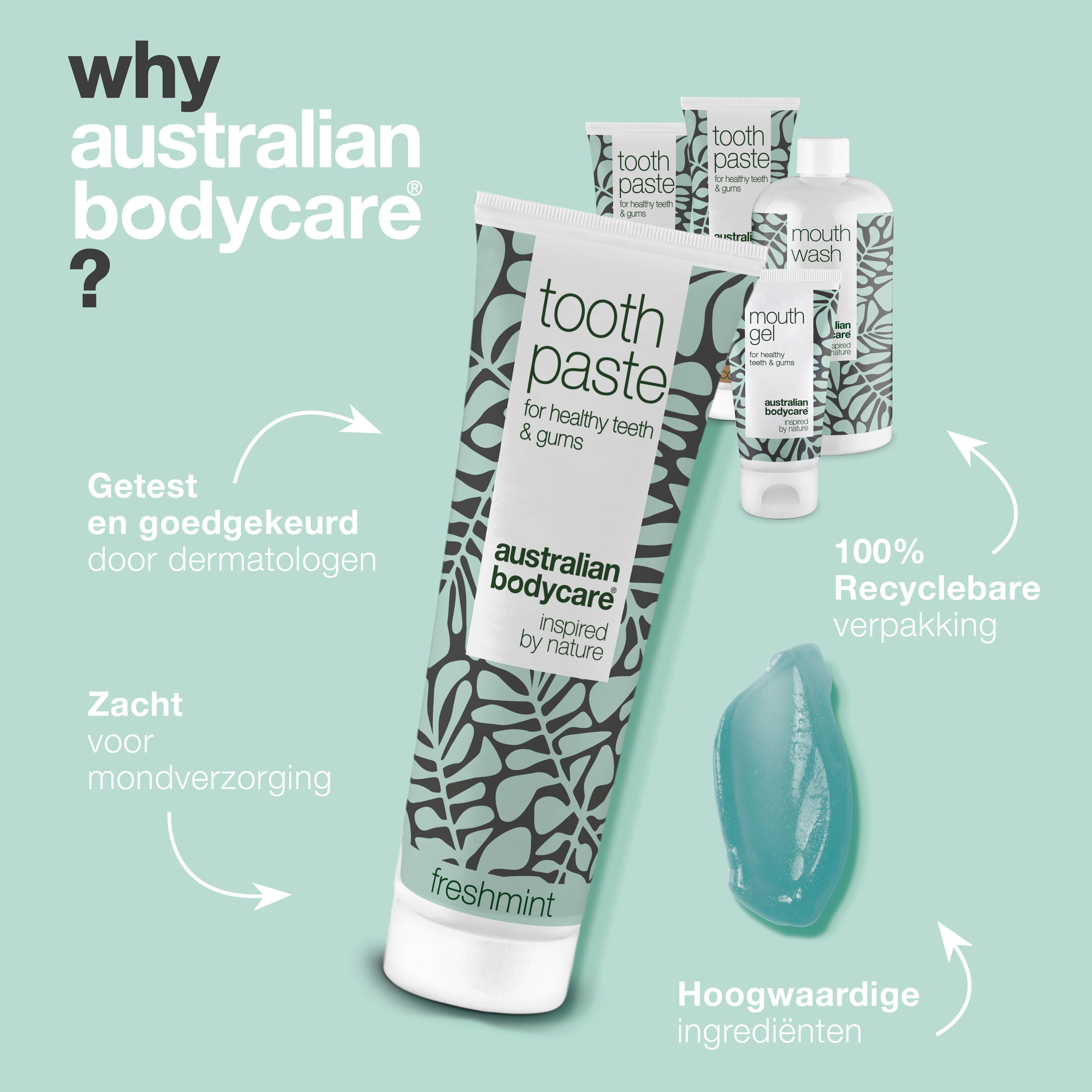 Tekst: Australian Bodycare. Tandpasta, mondspoeling, mondgel. Voordelen opgesomd.