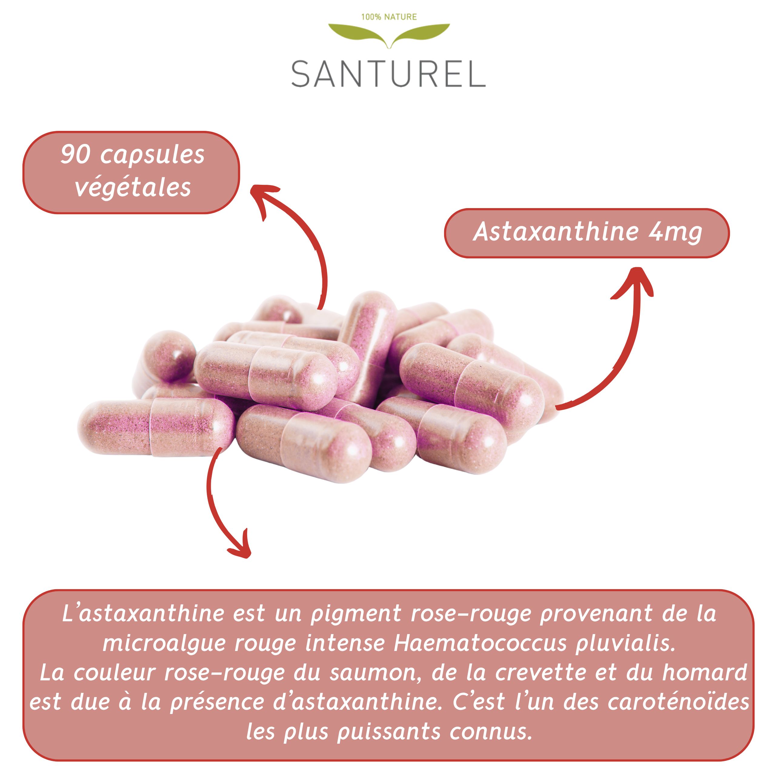 Tas de gélules roses. Texte : 90 gélules végétales, Astaxanthine 4mg. Description.