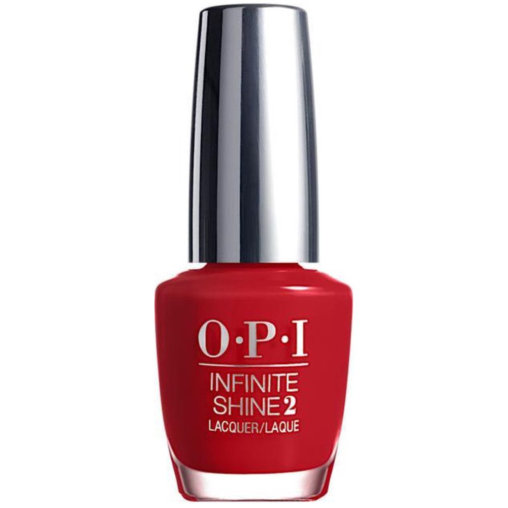 Flacon de vernis à ongles rouge, bouchon argenté. Label OPI Infinite Shine 2.