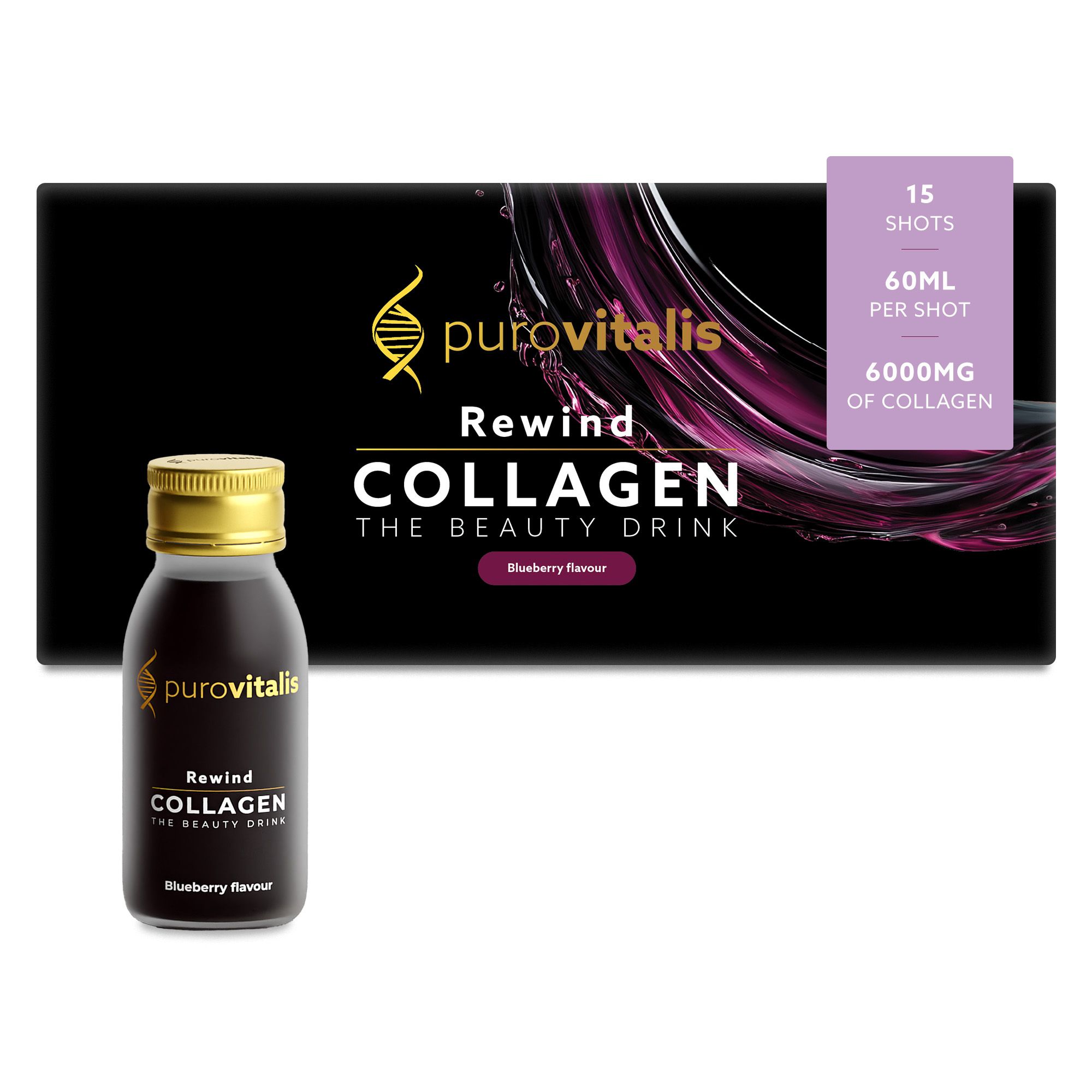 Fles en doos van Rewind Collagen. Op de fles staat "Rewind Collagen The Beauty Drink". Op de doos staat "15 Shots".