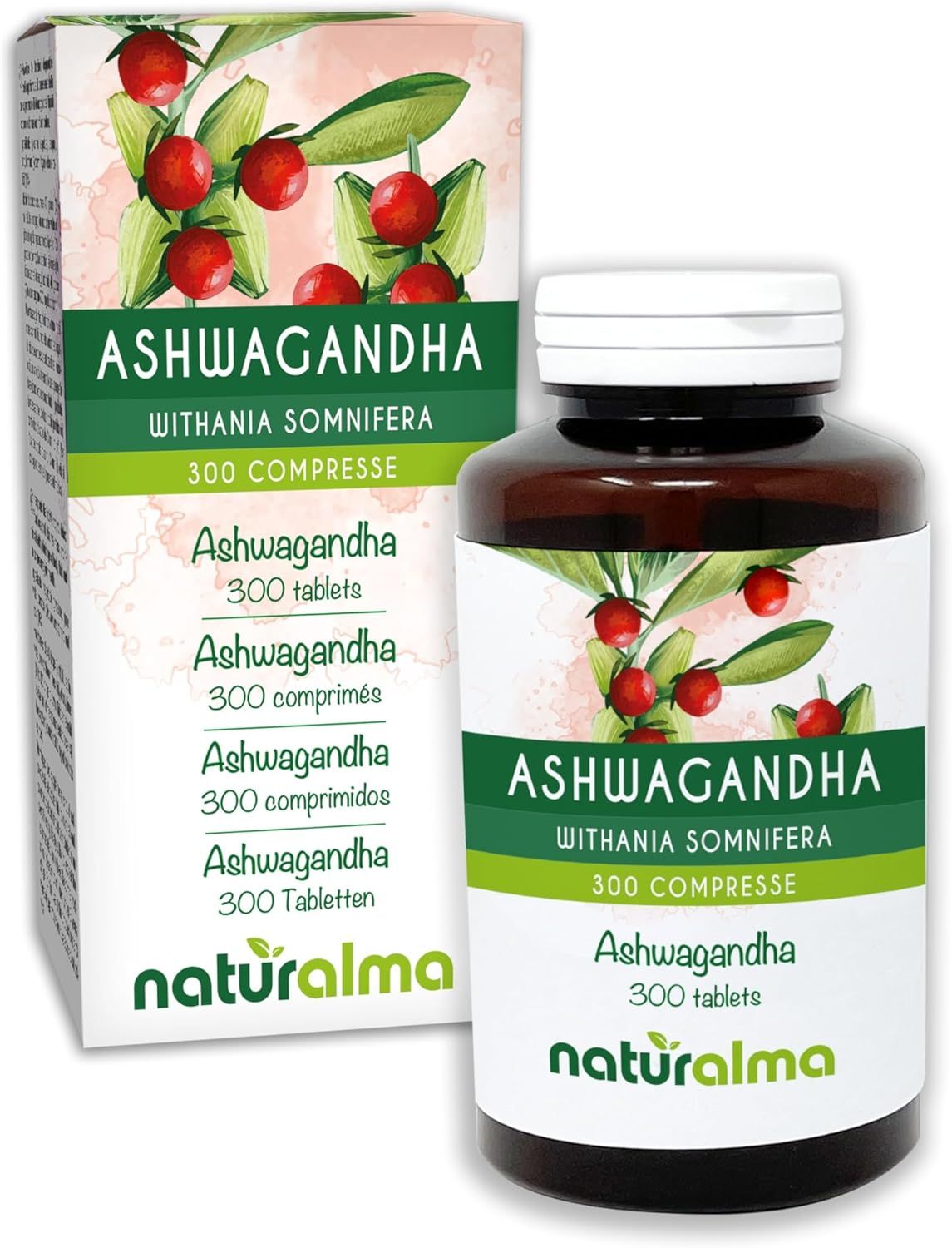 Emballage du produit avec comprimés d'Ashwagandha. Bouteille marron et boîte avec informations.