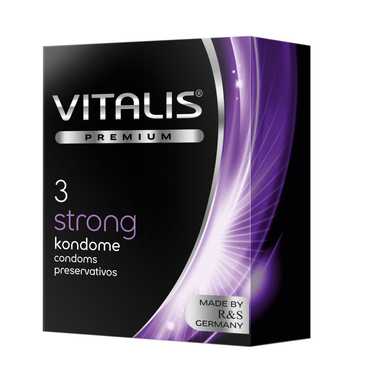 Zwarte verpakking met "VITALIS PREMIUM" en "3 strong". Bevat condooms. Gemaakt in Duitsland.