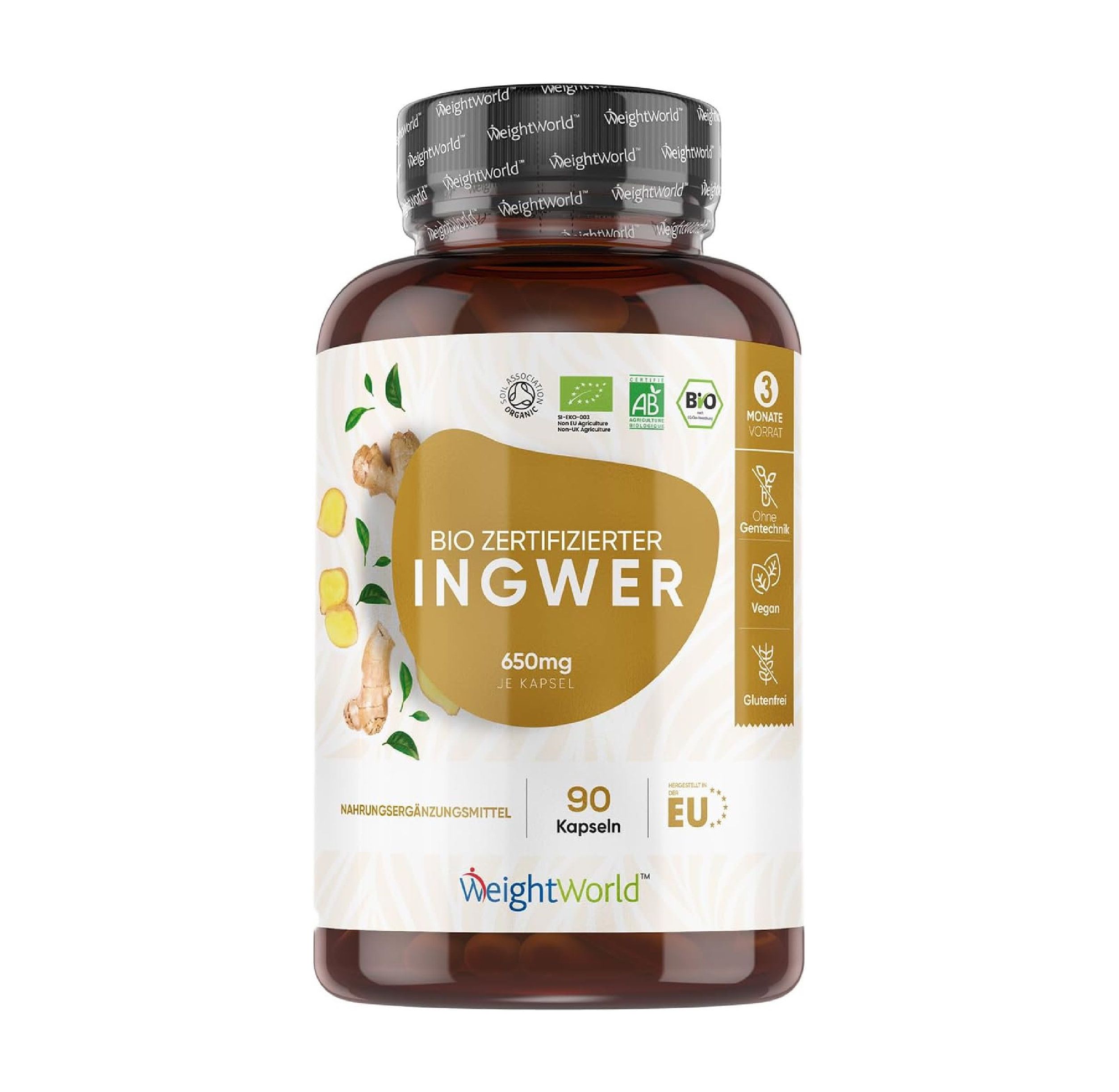 Fles WeightWorld Biologisch Gecertificeerde Gember Kapsules, 650mg, 90 capsules.