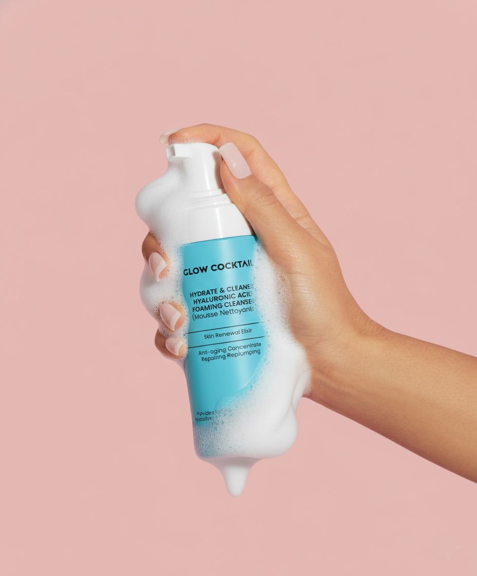 Main tenant un flacon avec mousse. Inscription : Glow Cocktail, Hydrate & Cleanse, Hyaluronic Acid, Foaming Cleanser. Fond rose.
