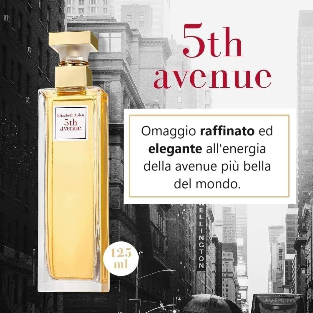 Flacon de parfum devant un paysage urbain. L'étiquette indique "5th avenue".
