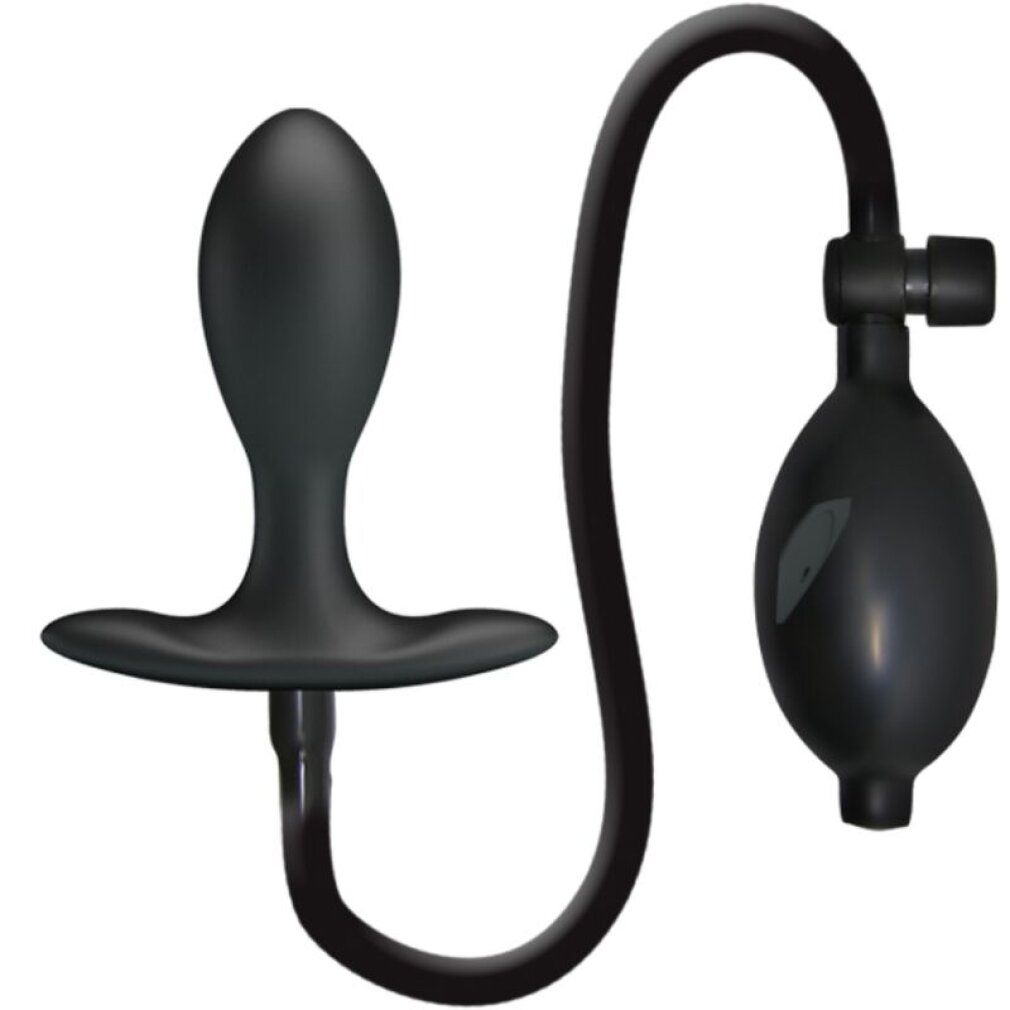 Zwarte opblaasbare anale plug met pomp en slang, geïsoleerd op witte achtergrond.