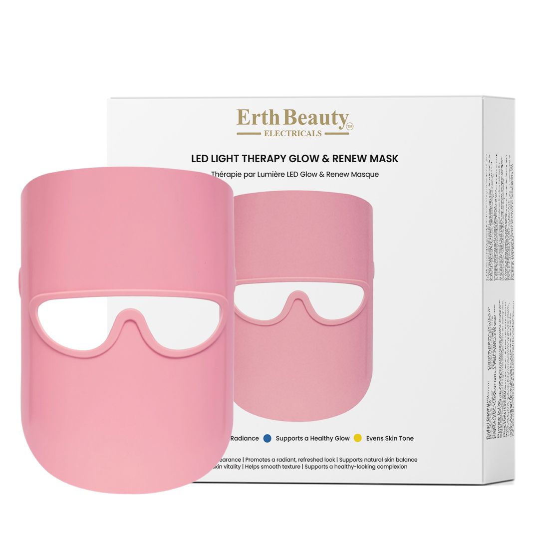 Un masque LED rose à côté de son emballage indiquant le nom du produit.