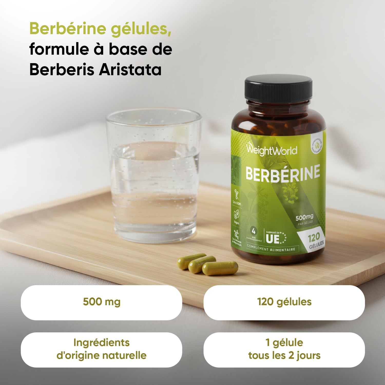 Gélules de berbérine WeightWorld, 500 mg, 120 gélules, à base de Berberis Aristata.