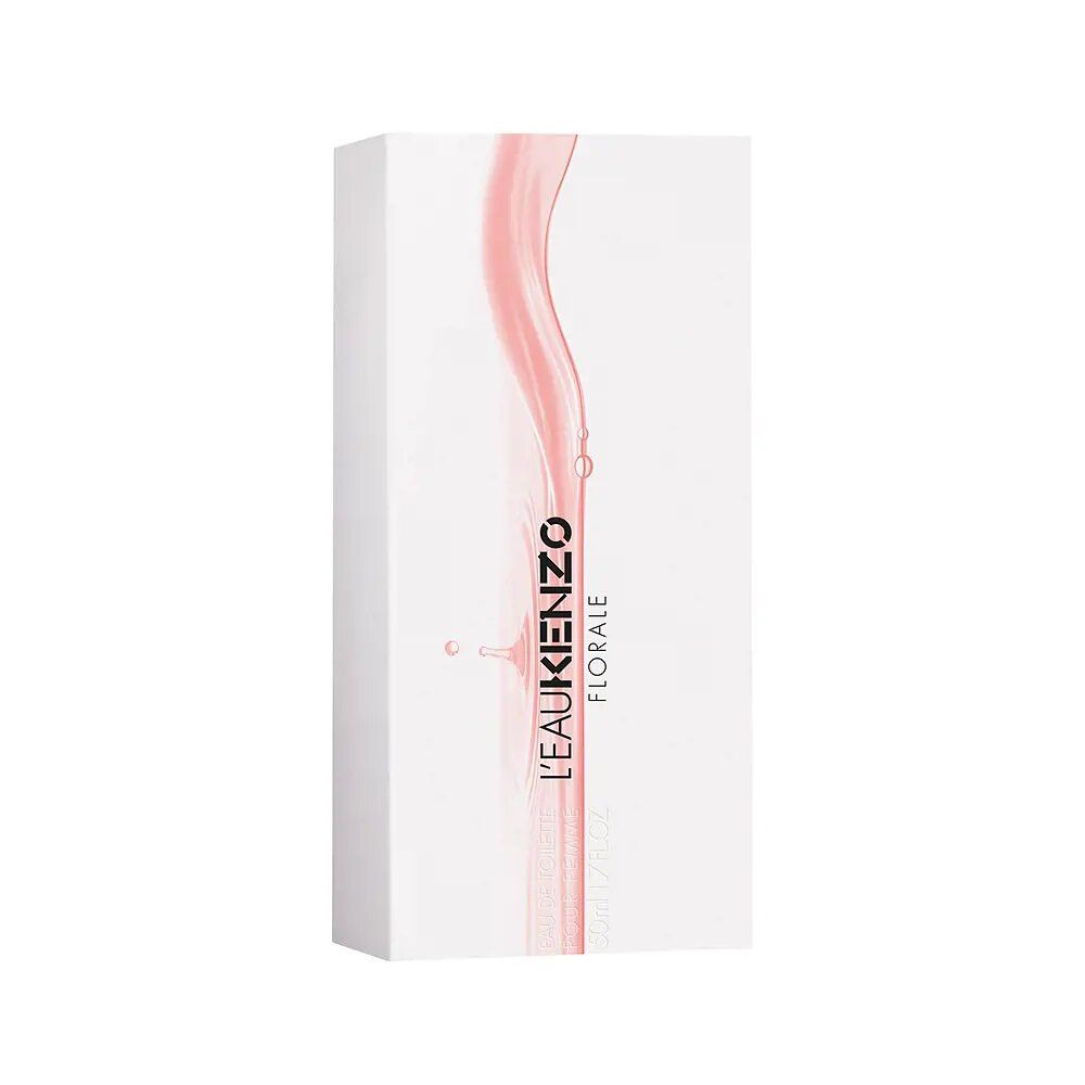 Witte rechthoekige verpakking. Roze golfvormig ontwerp. Zwarte tekst: L'EAU KENZO FLORALE. Productnaam en logo.