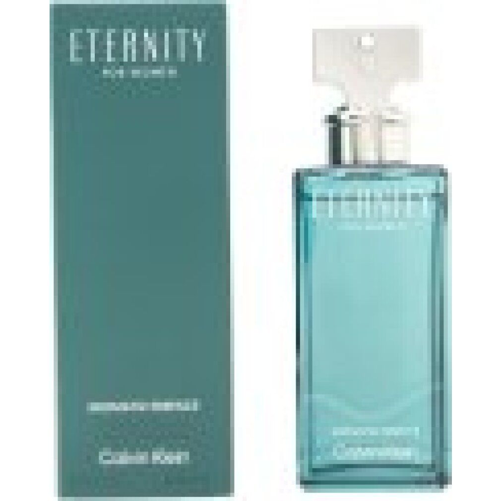 Flacon et boîte. Flacon rectangulaire, bleu-vert, bouchon argenté. Boîte bleu-vert, inscription Eternity, Calvin Klein.