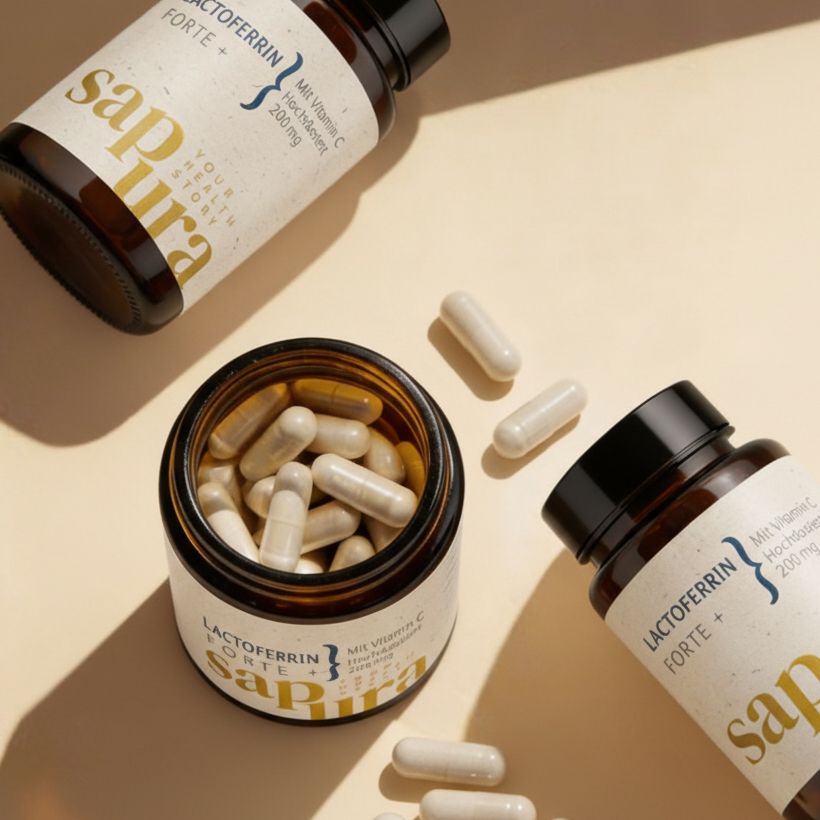 Plusieurs bouteilles et capsules de Lactoferrin Forte. Sapura Health.
