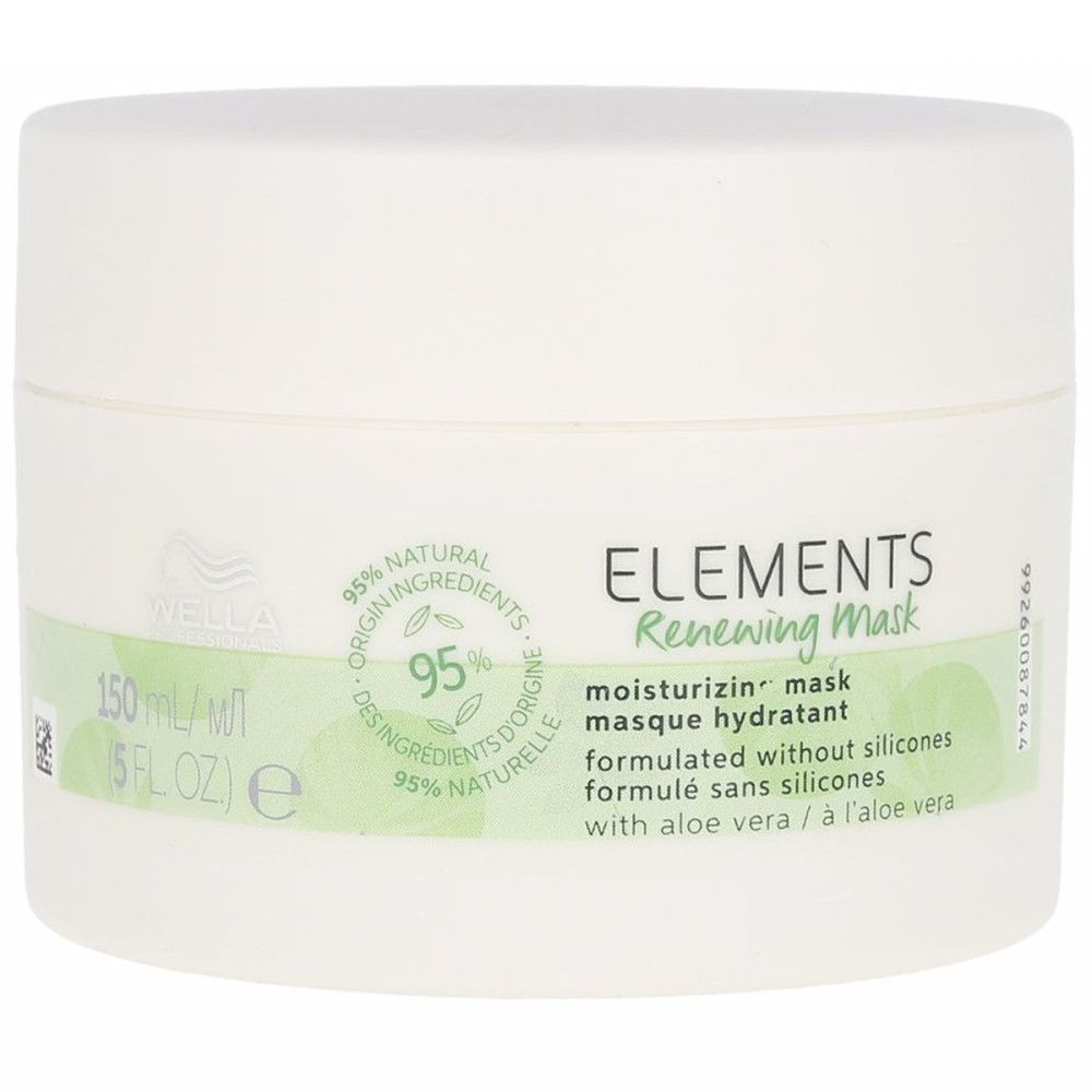 Pot blanc avec étiquette verte. Inscription: ELEMENTS Renewing Mask. 95% ingrédients naturels. 150 ml.