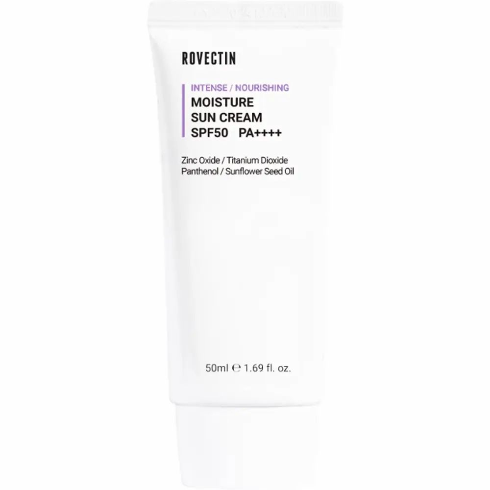 Witte tube met paarse tekst: ROVECTIN Intense Moisture Sun Cream SPF50+ PA++++. Ingrediënten en volume.