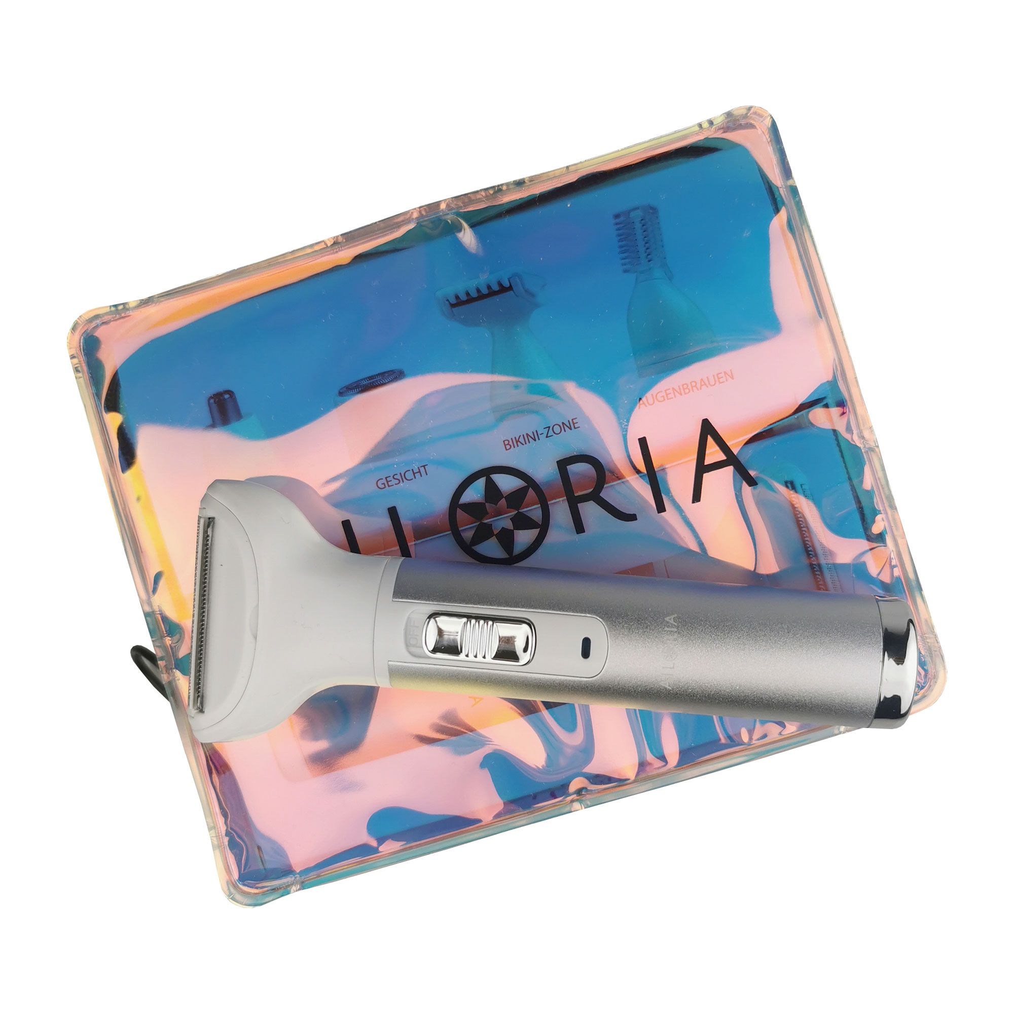 Rasoir dans une trousse transparente. Logo AILORIA. Trousse zippée. Rasoir argenté.