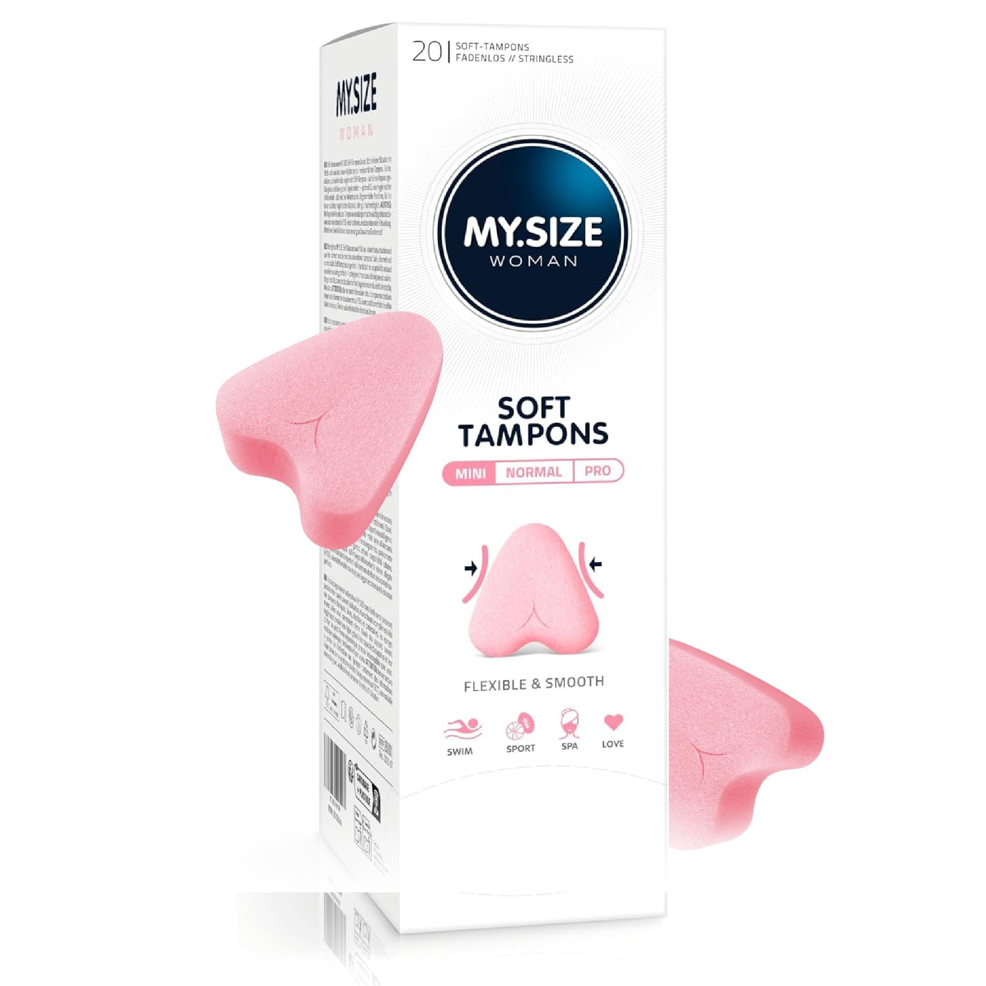 Verpakking met 20 zachte tampons, merk MY.SIZE WOMAN, type SOFT TAMPONS, maten MINI, NORMAL, PRO.