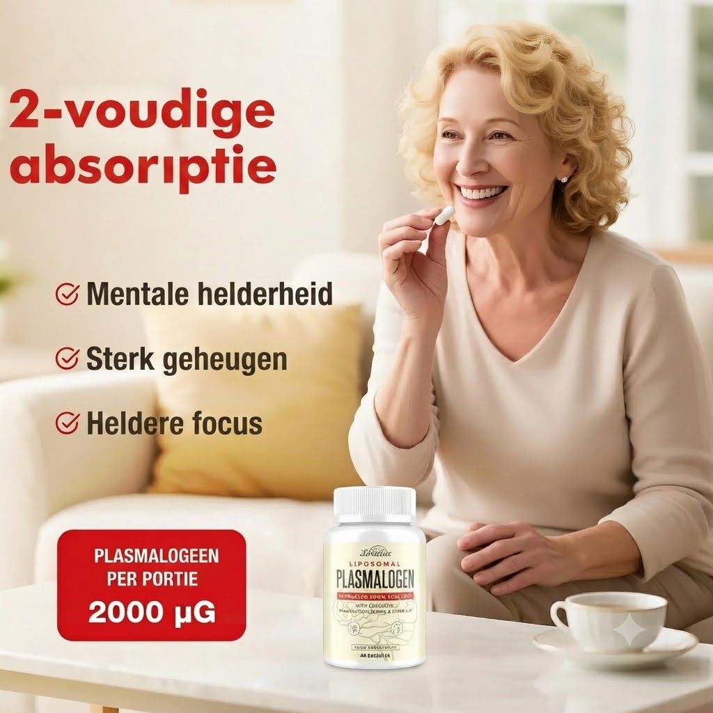 Een vrouw neemt een capsule. Naast haar staat een fles Plasmalogen met 2000 μg per portie.