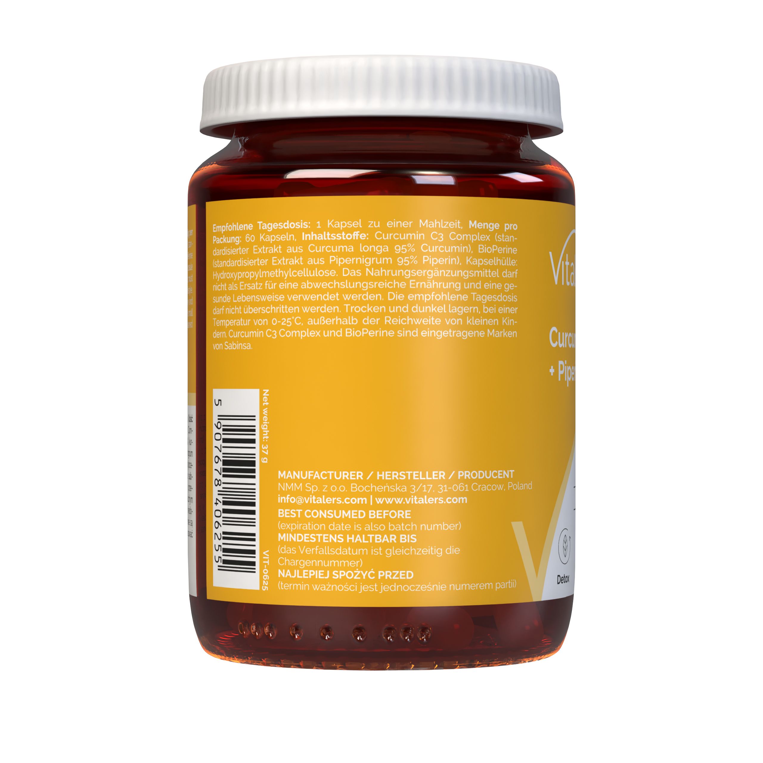 Vitaler's Curcumin + Piperine capsulefles, achterkant met fabrikant- en houdbaarheidsgegevens.