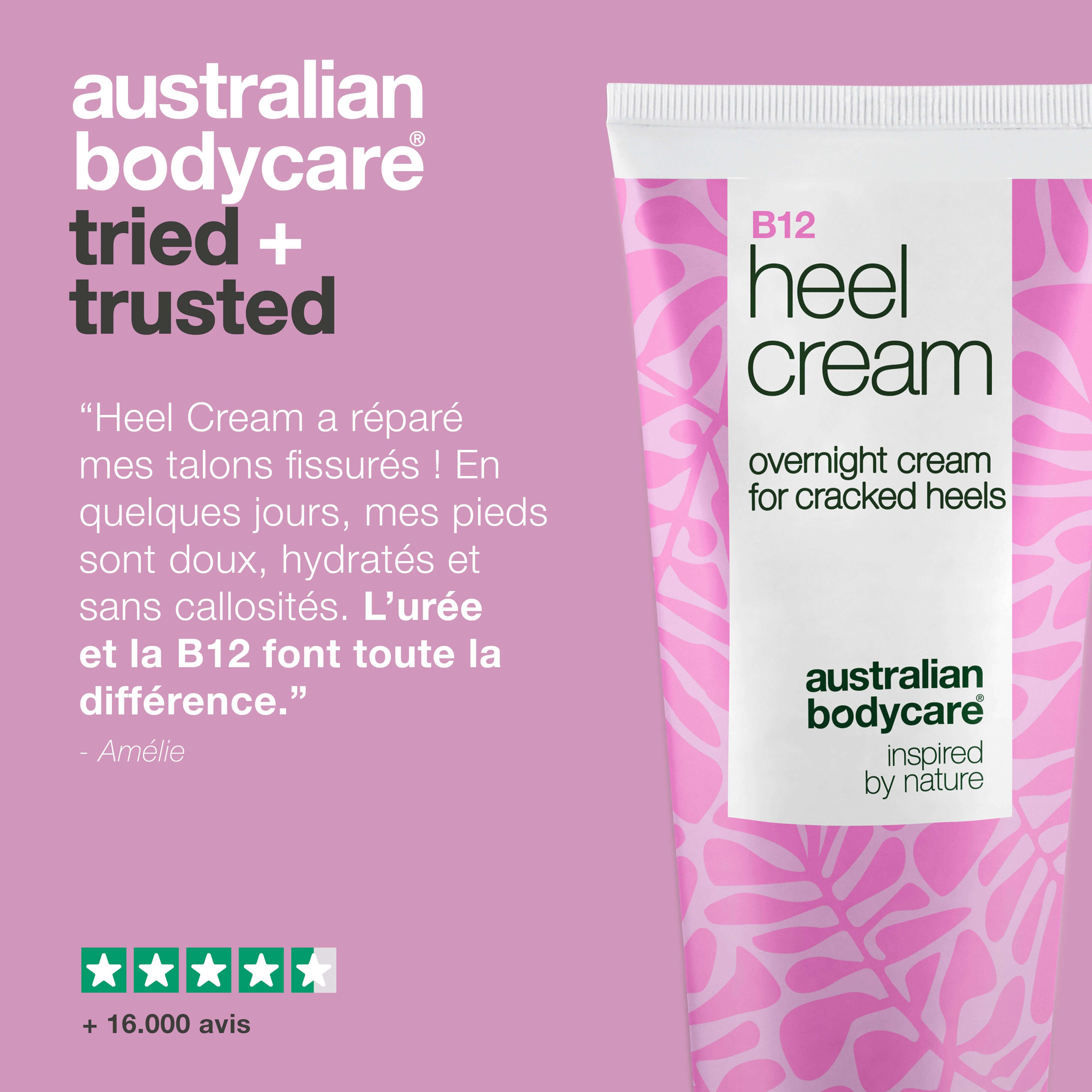 Tube de crème avec texte. Texte : Testé et approuvé par les dermatologues. Emballage 100% recyclable. Ingrédients de haute qualité.