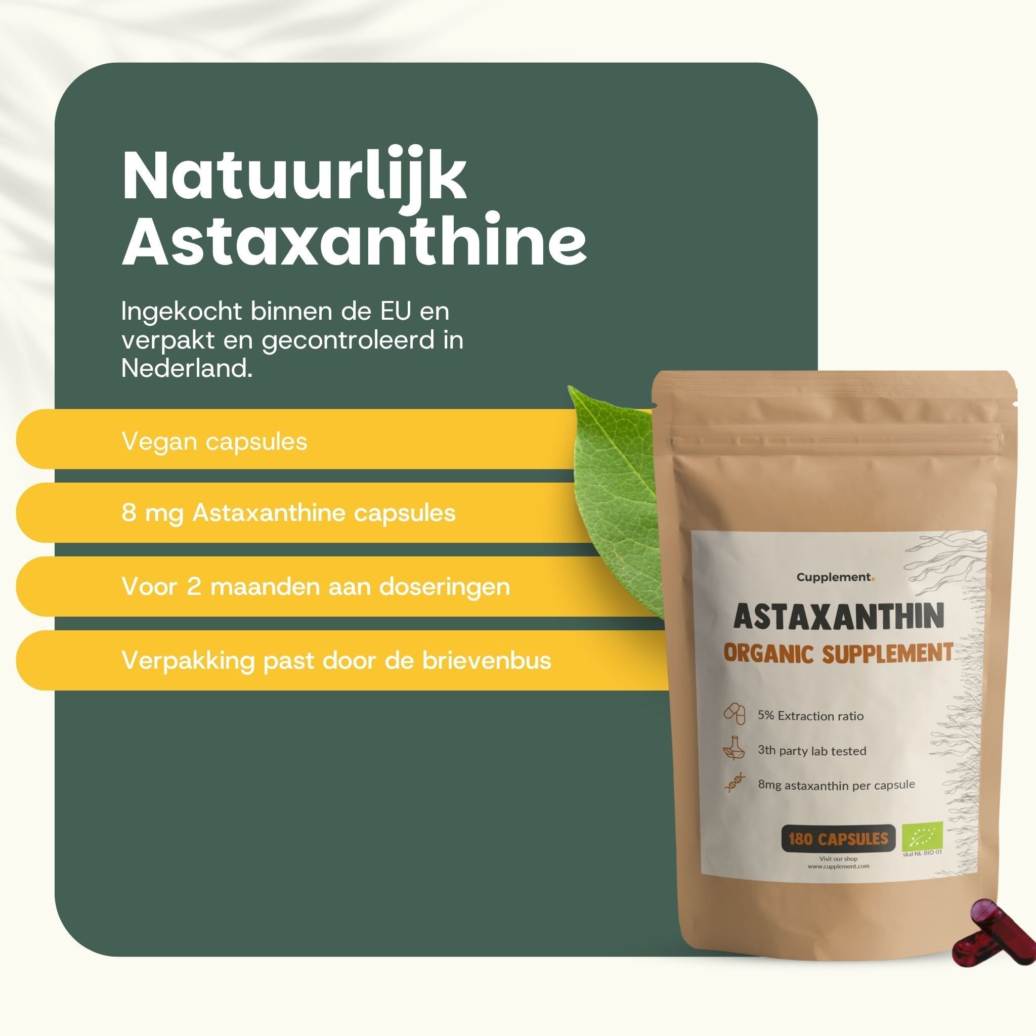 Natuurlijke Astaxanthine: vegan capsules, 8 mg, 2 maanden dosering, brievenbusverpakking.
