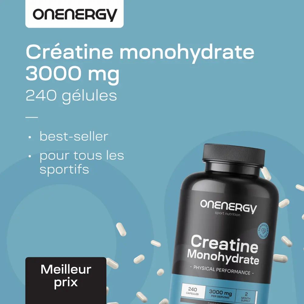 Flacon de Créatine monohydrate. Texte : Créatine monohydrate 3000 mg, 240 gélules. Best-seller, pour tous les sportifs.