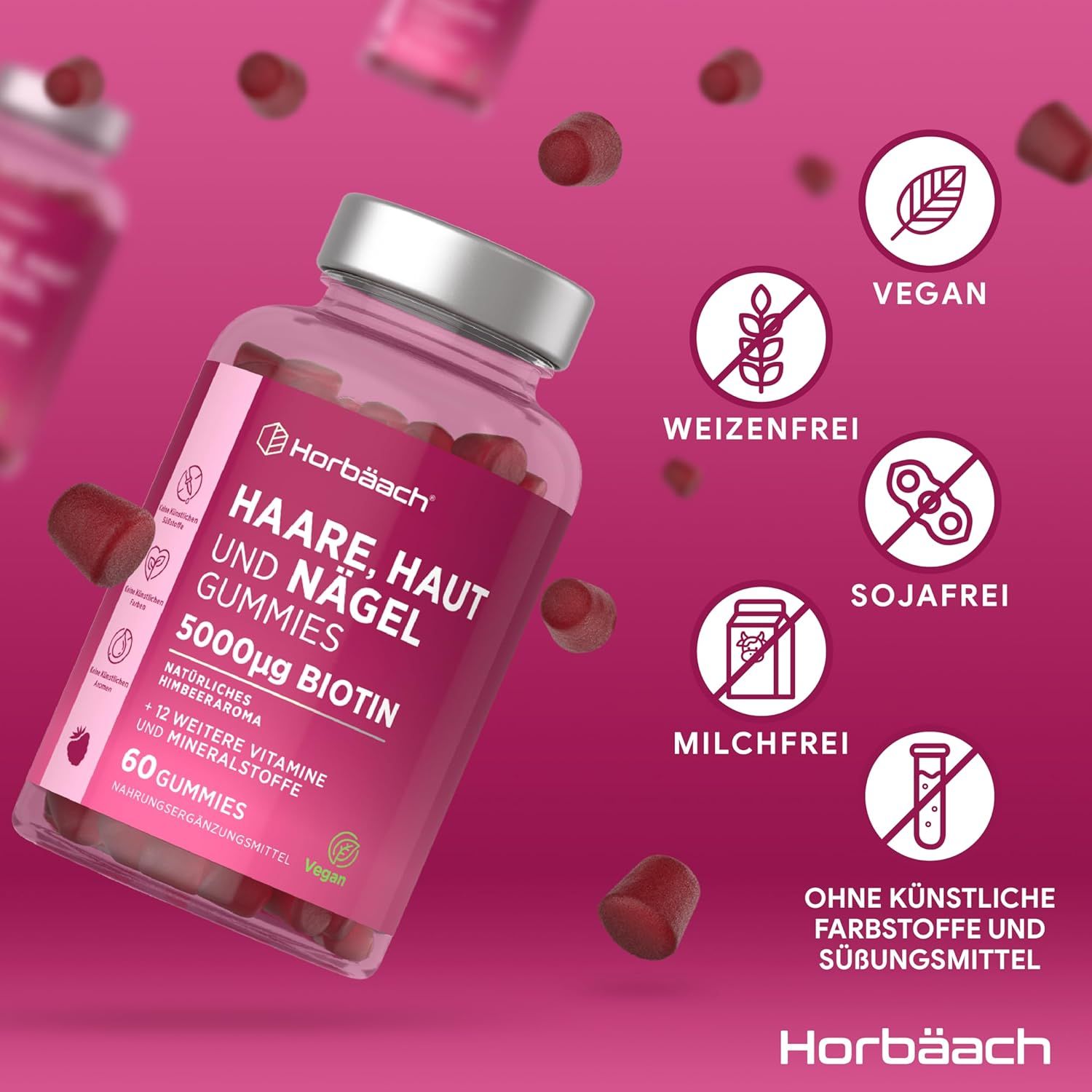Flacon avec gummies. Texte "Haare, Haut und Nägel Gummies", 5000µg Biotine, 60 gummies. Vegan, sans gluten, soja, lait.