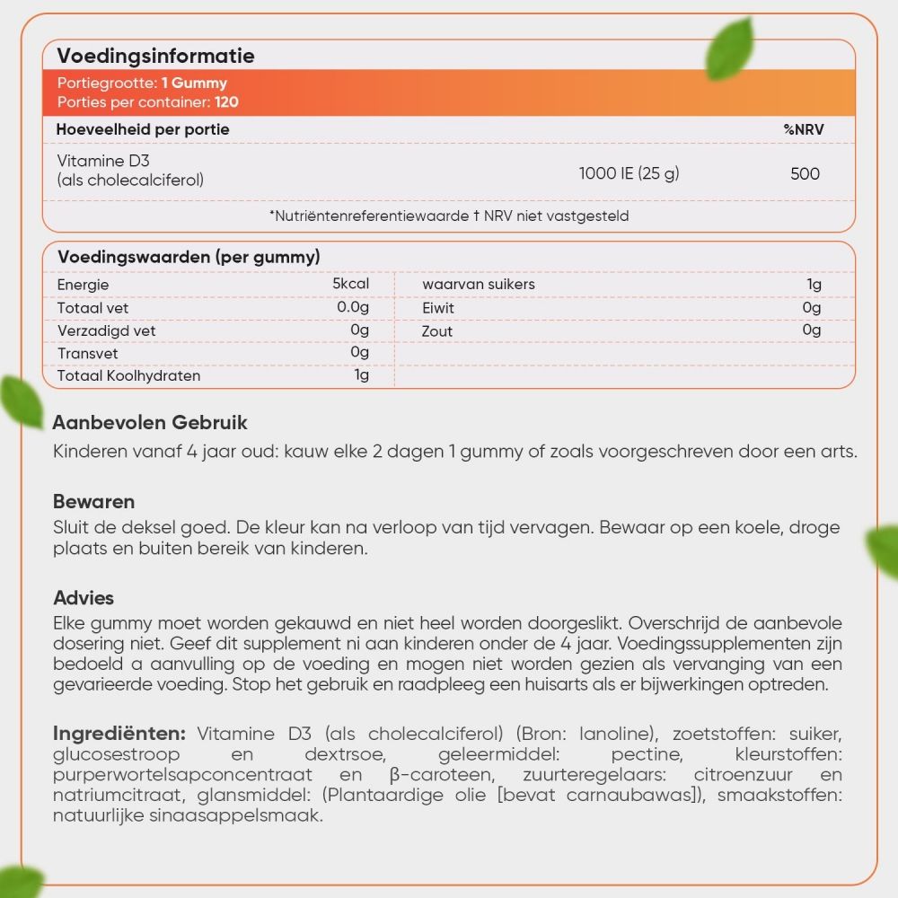 Voedingstabel voor Vitamine D3 gummies. Tekst: maxmedix. Ingrediënten, aanbevelingen, voedingsanalyse, opslag.
