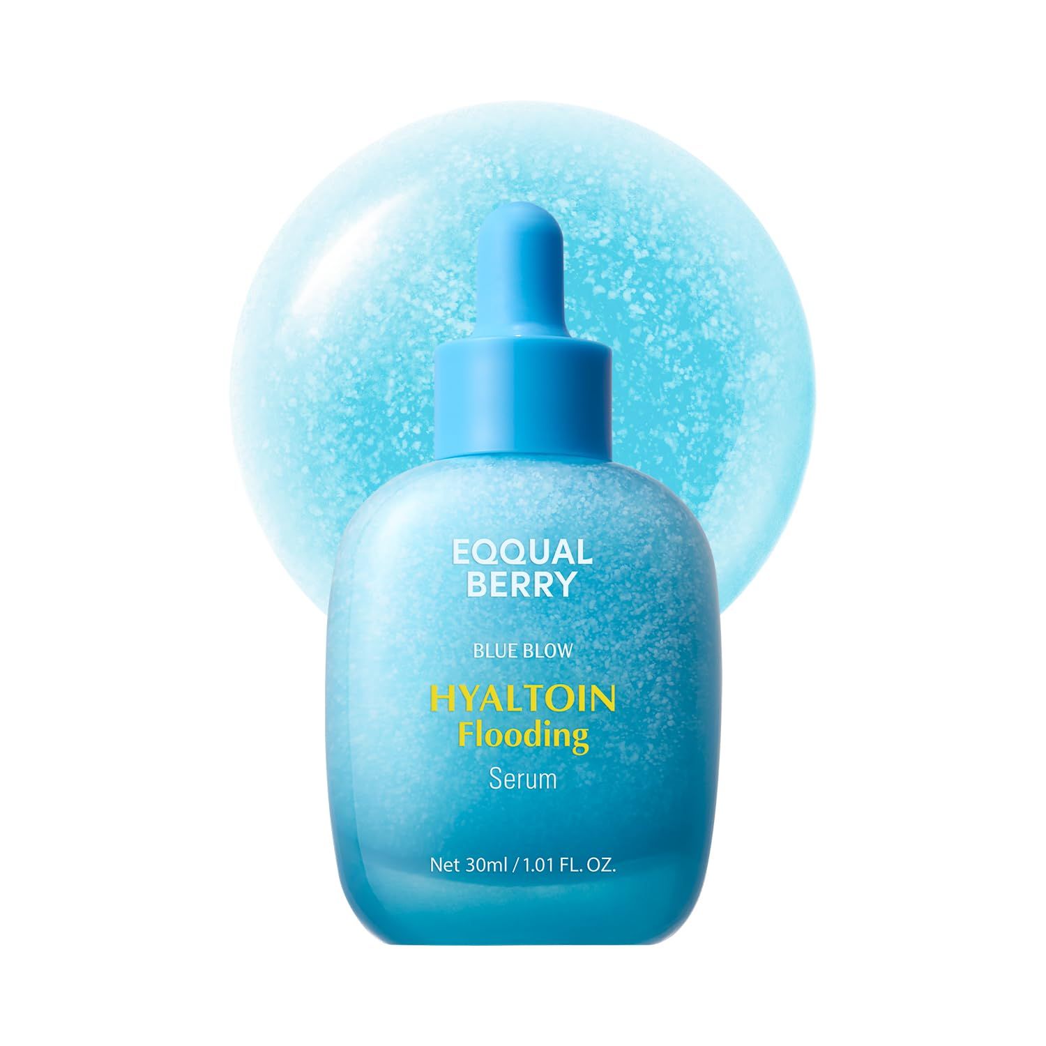 Flacon de sérum bleu avec pipette, 30ml. Étiquette : EQQUAL BERRY HYALITOIN Flooding Serum.