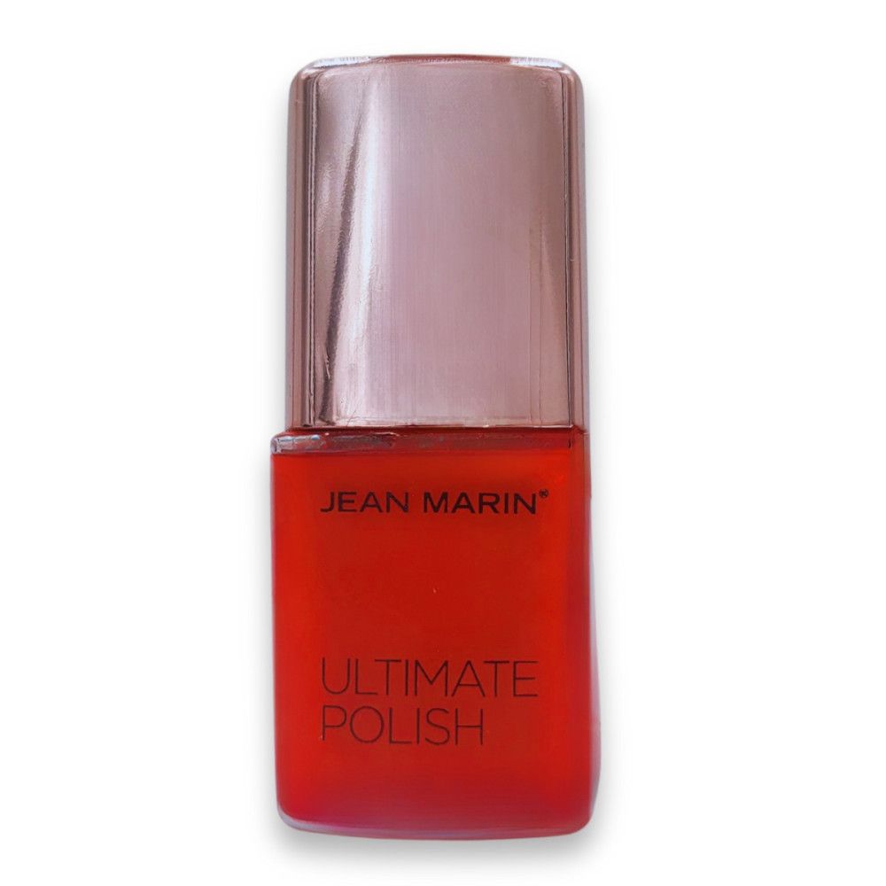 Flacon de vernis à ongles rouge. Jean Marin Ultimate Polish. Bouchon rose. Inscription : Ultimate Polish.