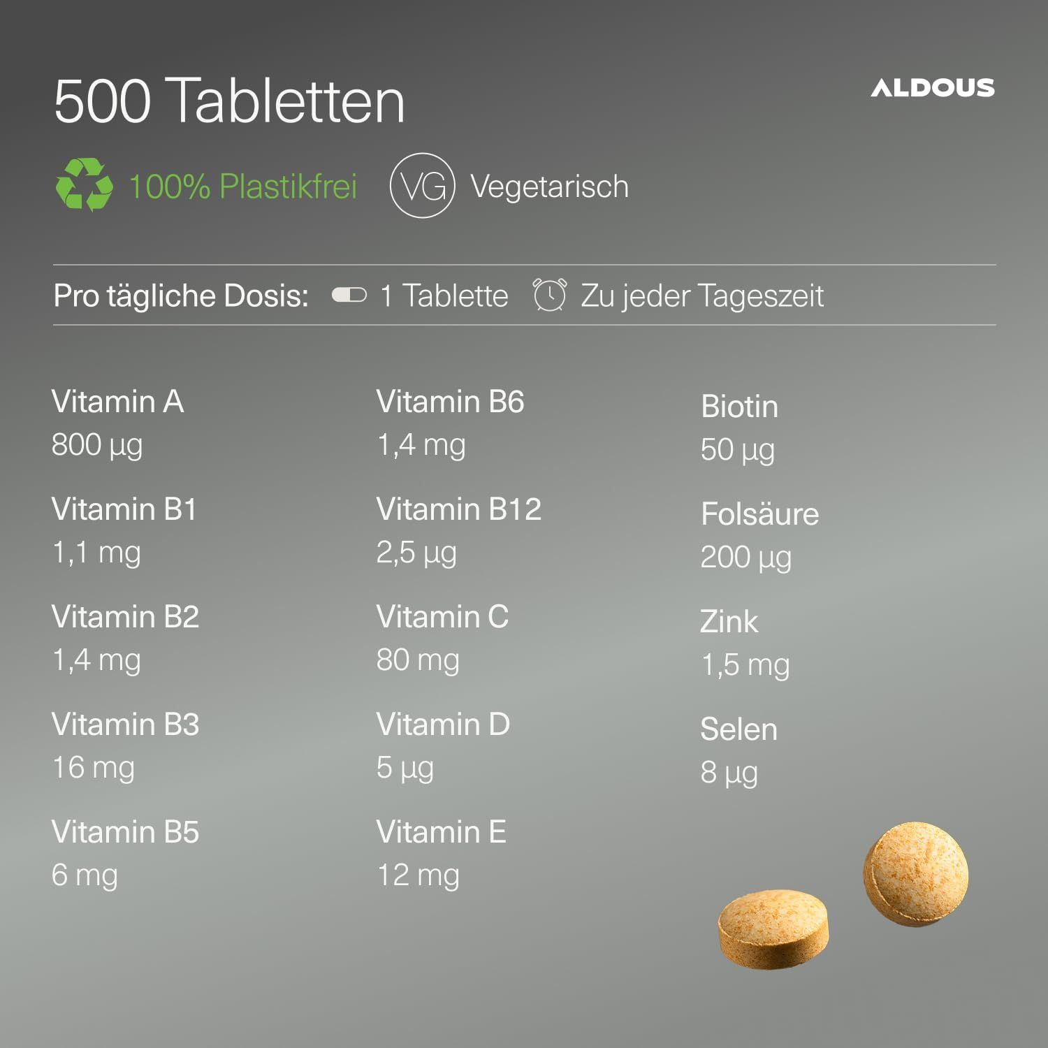 Aldous Multivitamine Tabletten: 500 stuks, plasticvrij, vegetarisch. Lijst met vitamines en hoeveelheden.