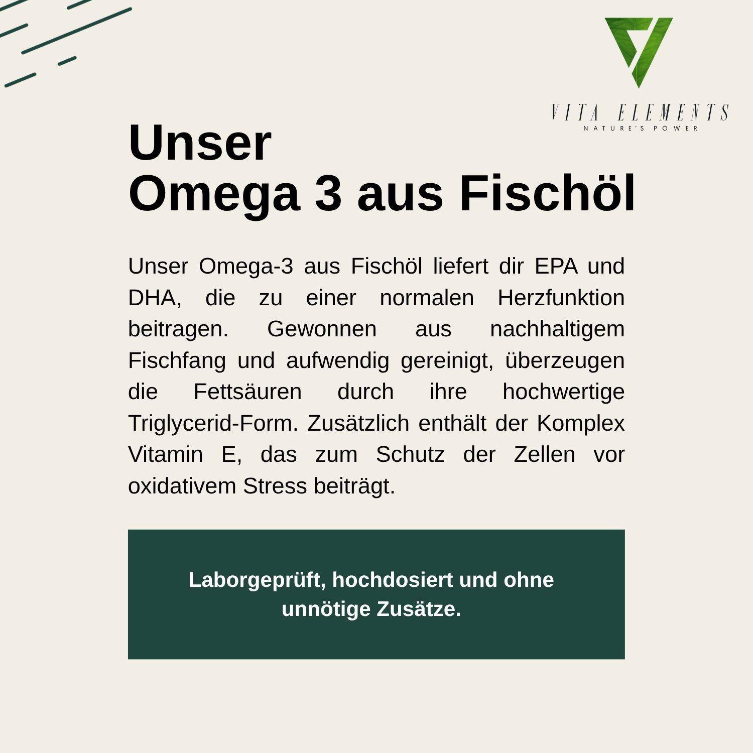 Informatie over Vita Elements Omega 3: laboratorium getest, hoog gedoseerd, zonder toevoegingen.