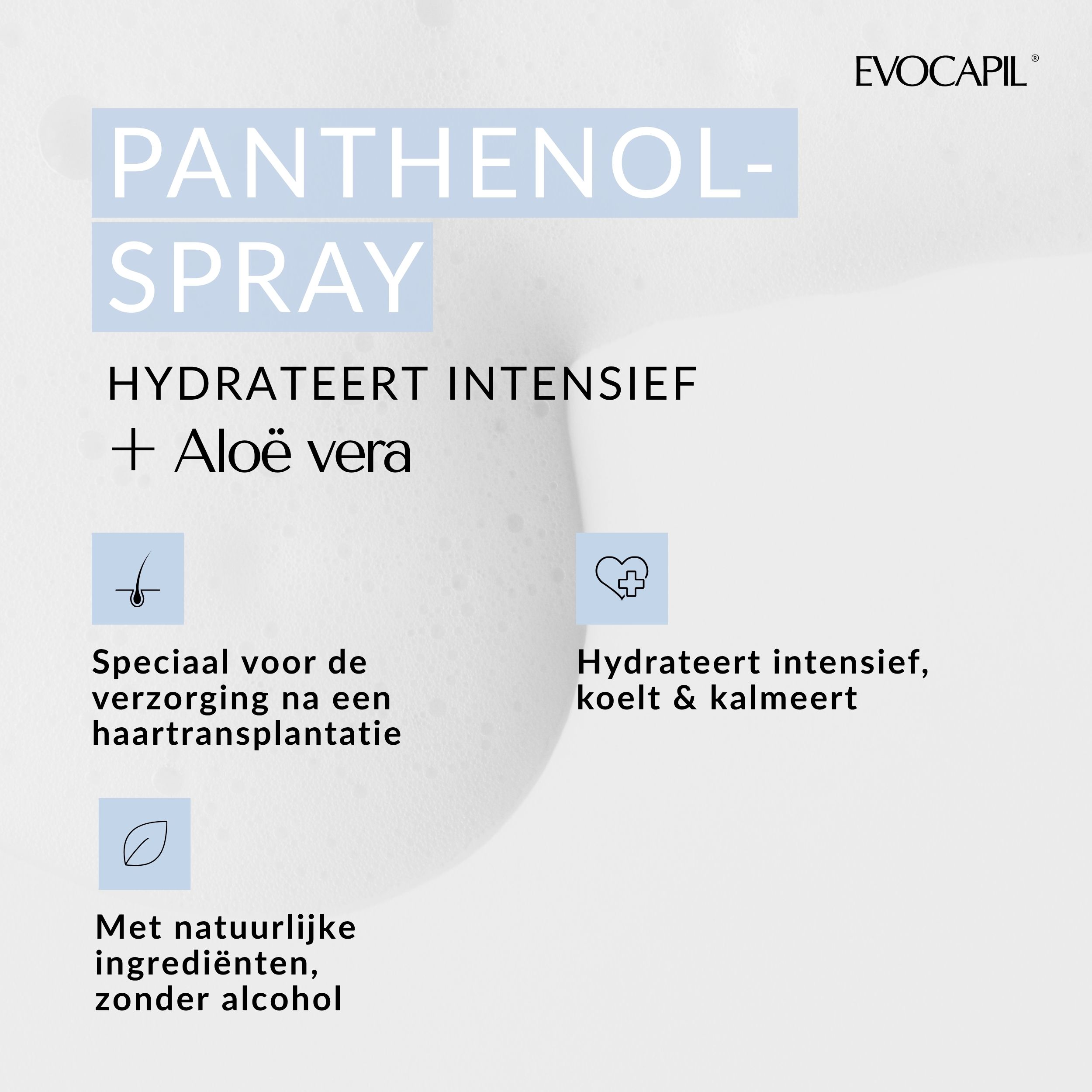 Tekst over panthenol spray. Hydrateert intensief, +Aloe vera. Speciaal voor de verzorging na een haartransplantatie.