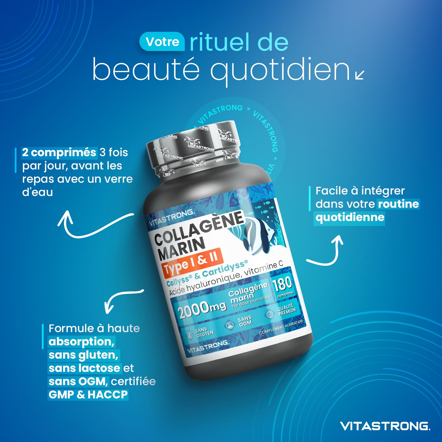 Tablettenfles. Marine Collageen Type I & II. 180 tabletten. Blauwe verpakking. Inname.