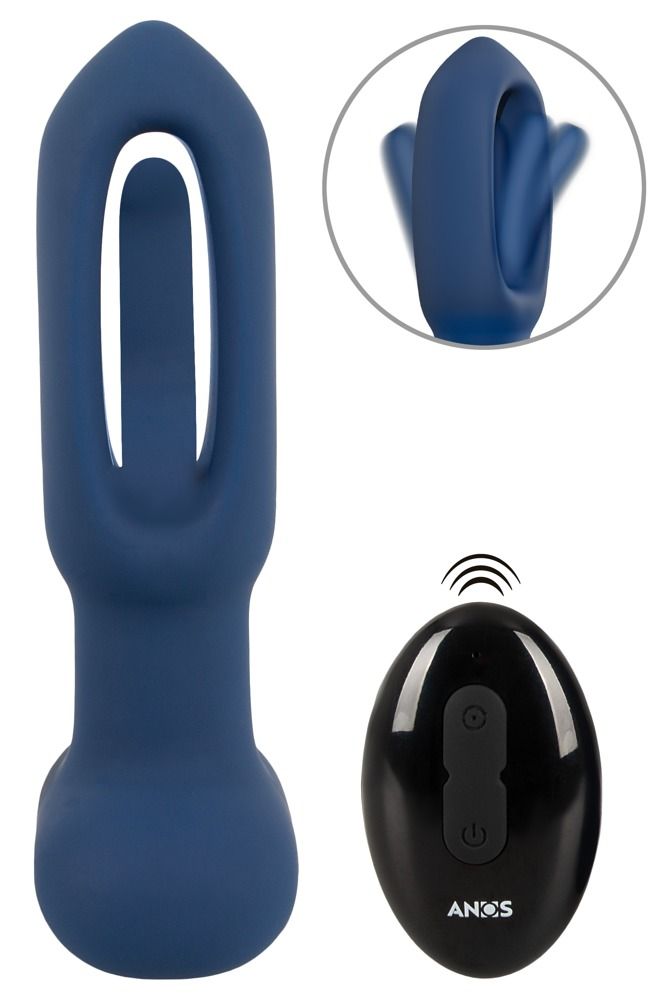 Bouchon anal bleu avec langue vibrante et télécommande noire.
