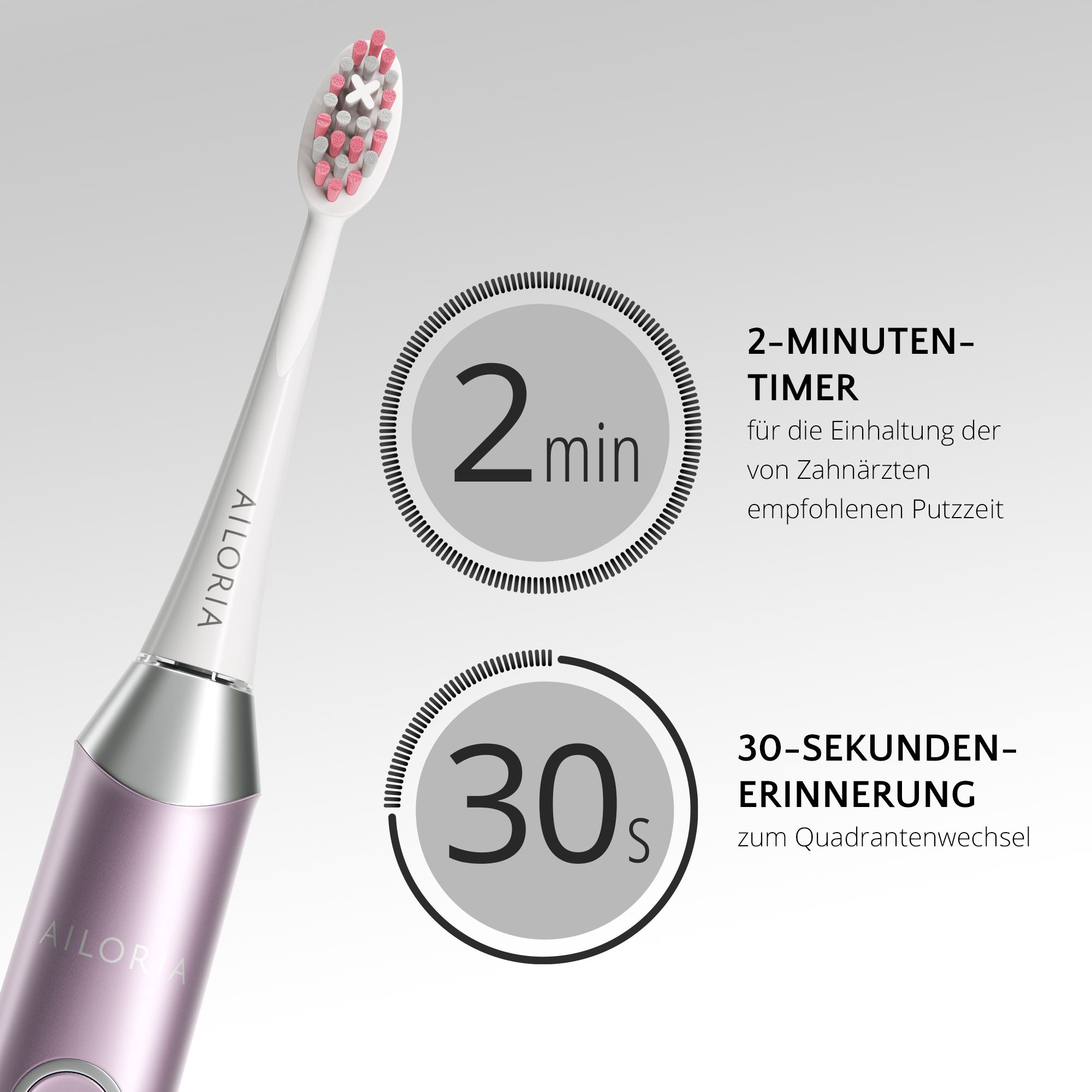 Brosse à dents avec minuterie de 2 minutes et rappel de 30 secondes. Logo AILORIA. Affichage du temps de brossage.
