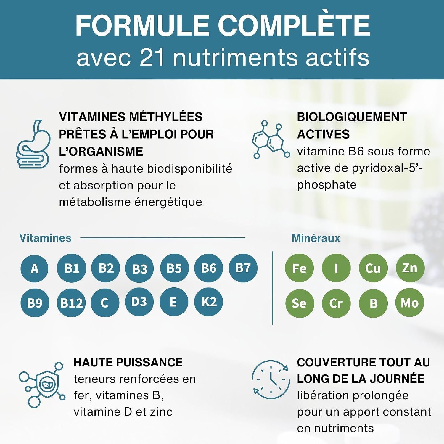 Aperçu des vitamines et minéraux de la formule. Comprend des vitamines méthylées et des formes biologiquement actives.