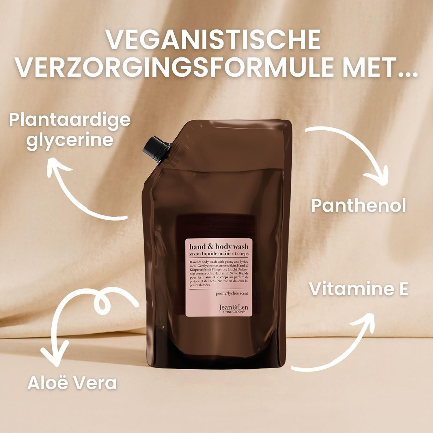 Bruine navulverpakking voor hand- en lichaamszeep met etiket. Bevat plantaardige glycerine, panthenol, vitamine E en aloë vera.