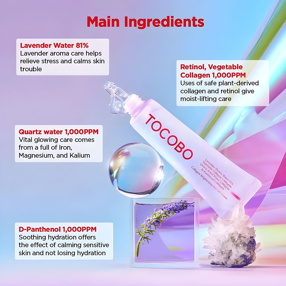 Produit avec ingrédients : eau de lavande, rétinol, quartz et D-panthénol. Tube avec logo TOCOBO.