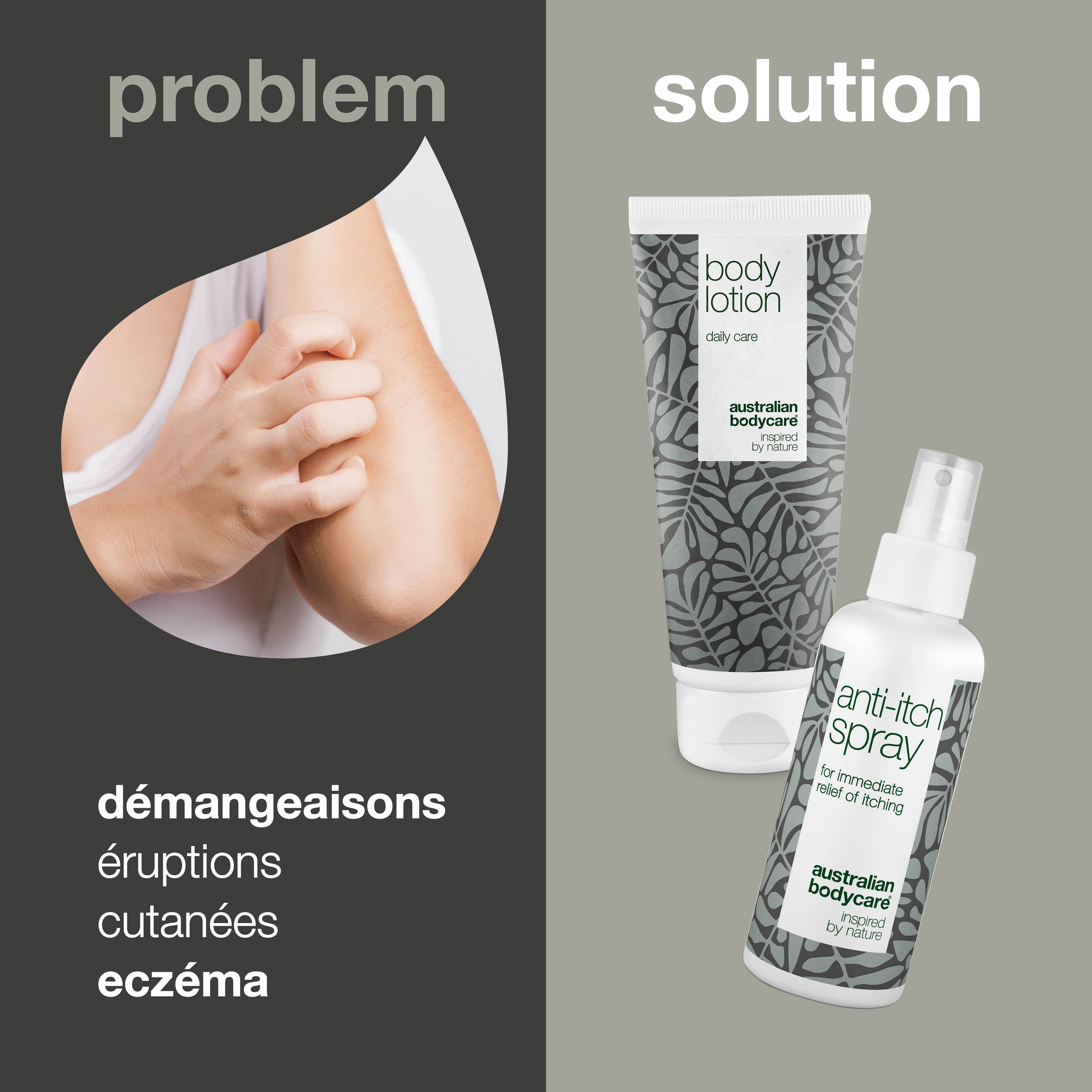 Deux produits : lotion corporelle et spray anti-démangeaisons. À gauche, « Problème » et à droite, « Solution ».