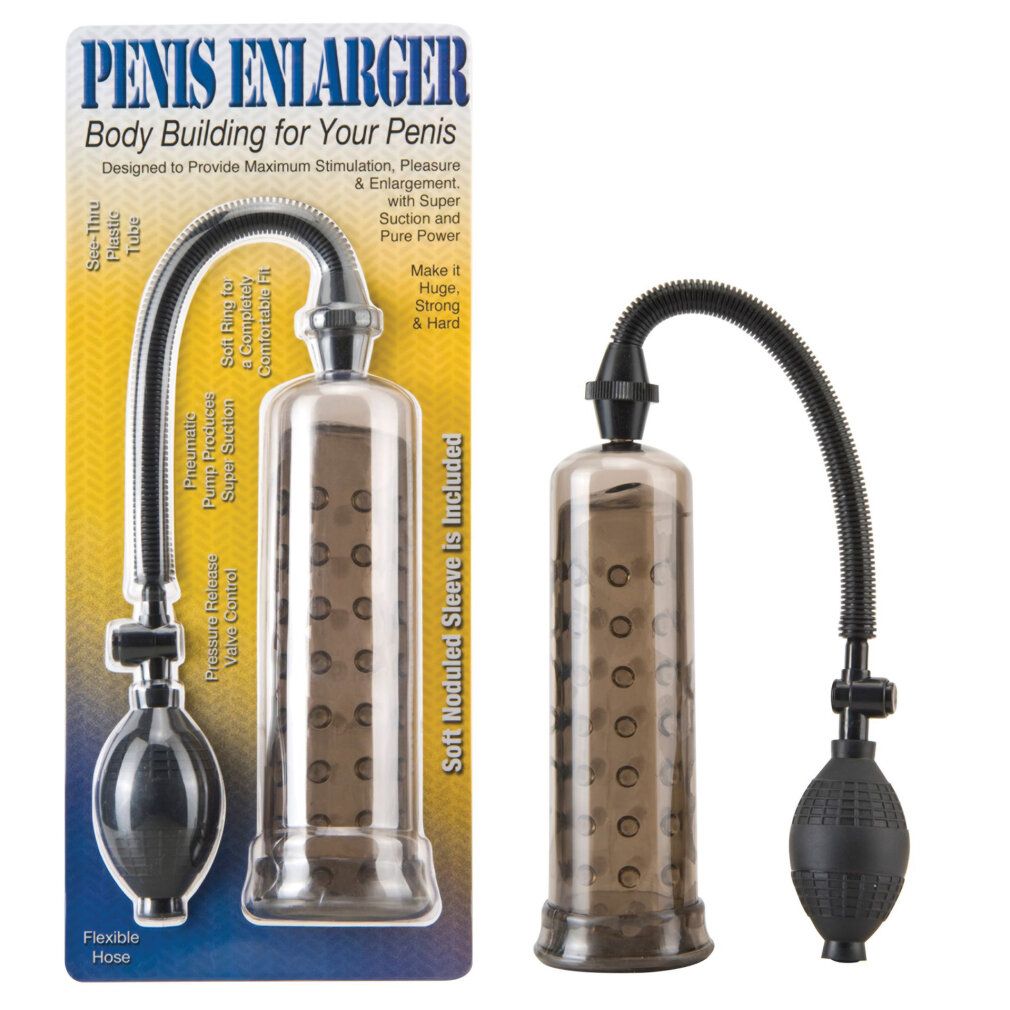 Zwarte penis-pomp met transparante, patroon cilinder, zwart ventiel en balg.