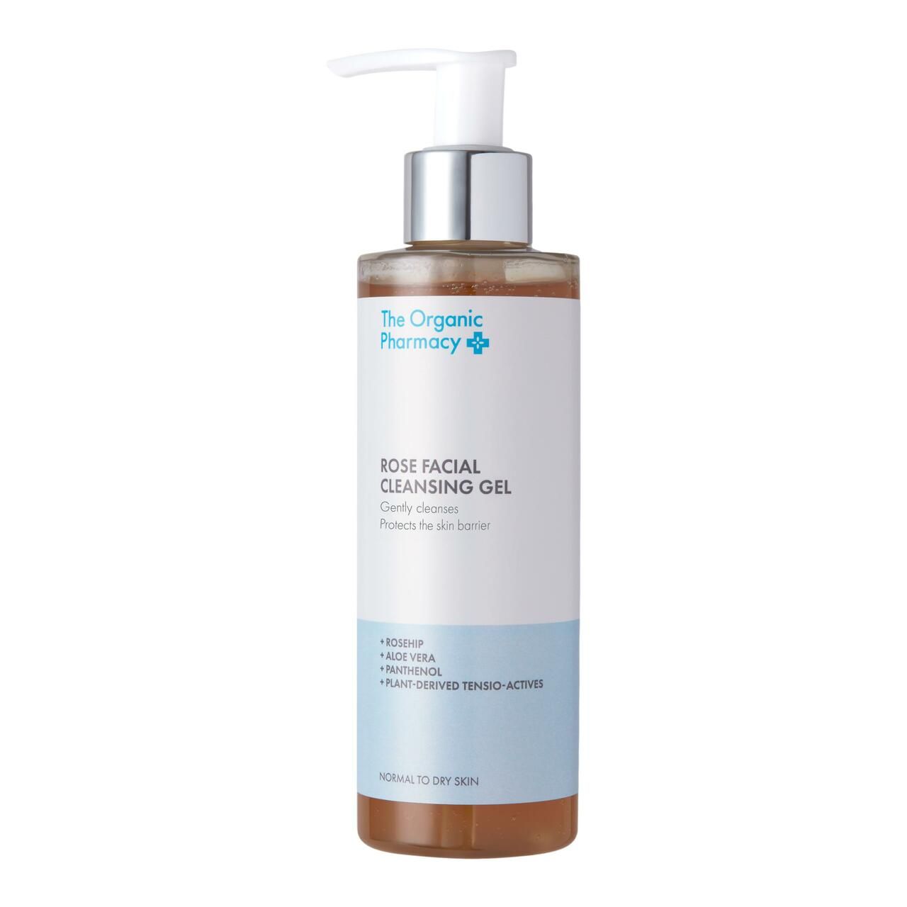 Flacon pompe : Rose Facial Cleansing Gel de The Organic Pharmacy. Contient Rosehip, Aloe Vera, Panthénol.