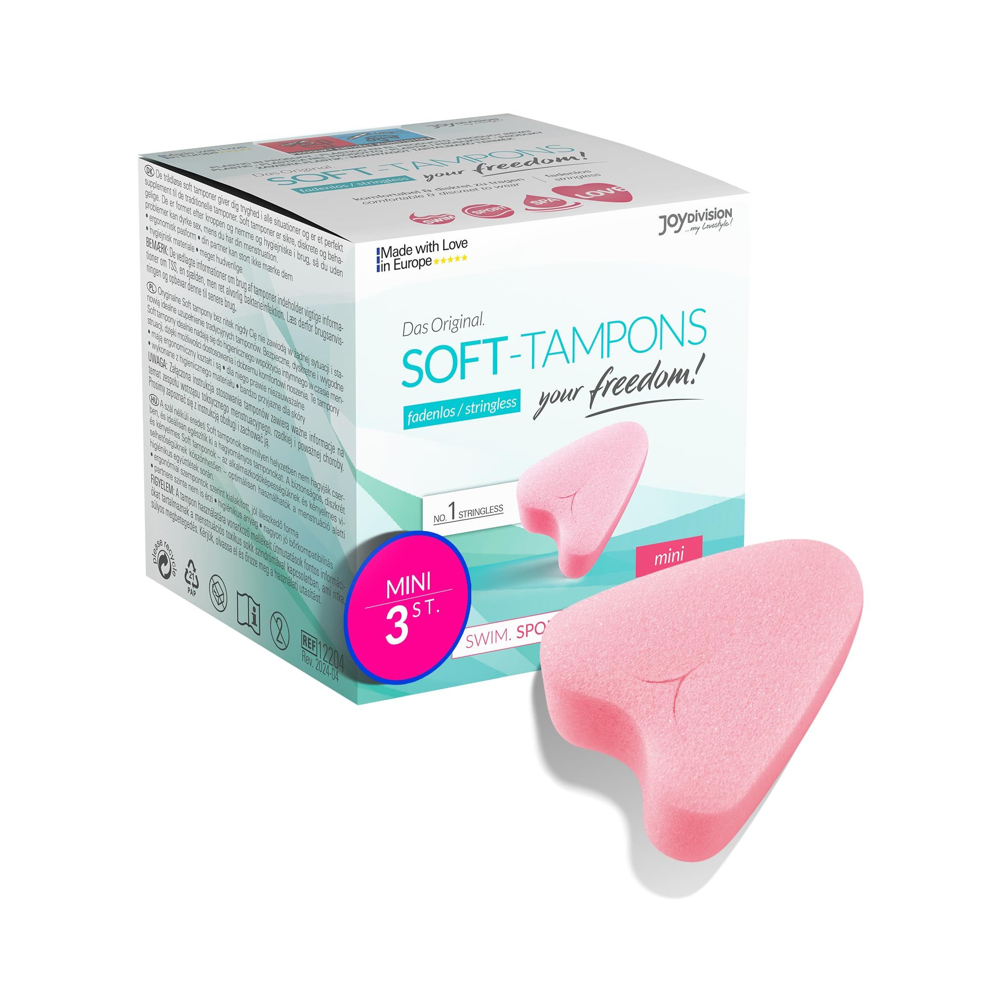 Verpakking Soft-Tampons mini met productafbeelding en tekst.