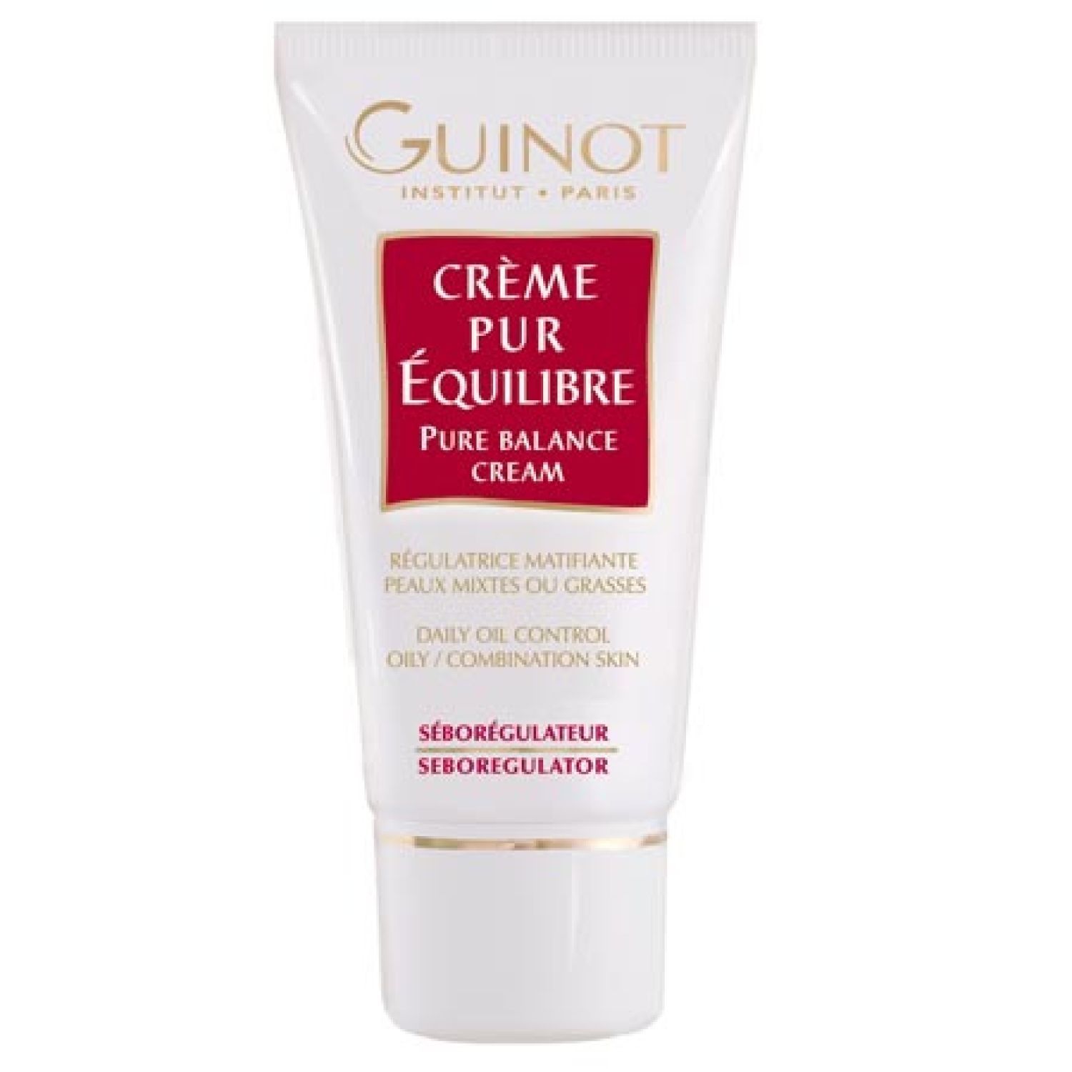 Tube blanc et rouge avec nom de produit et marque. Texte: Crème Pur Équilibre, Pure Balance Cream, pour peaux mixtes.