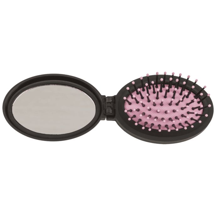 Miroir de poche ovale noir avec brosse à cheveux. Miroir et brosse ouverts. Brosse avec poils roses.