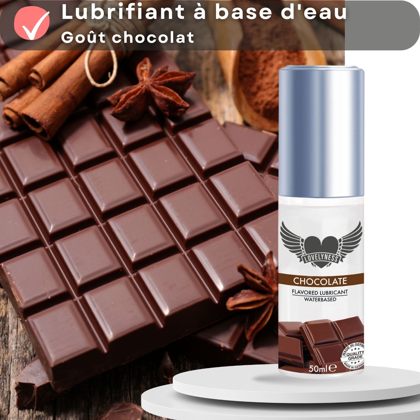 Lubrifiant à base d'eau. Goût chocolat. Flacon avec bouchon argenté. 50ml.