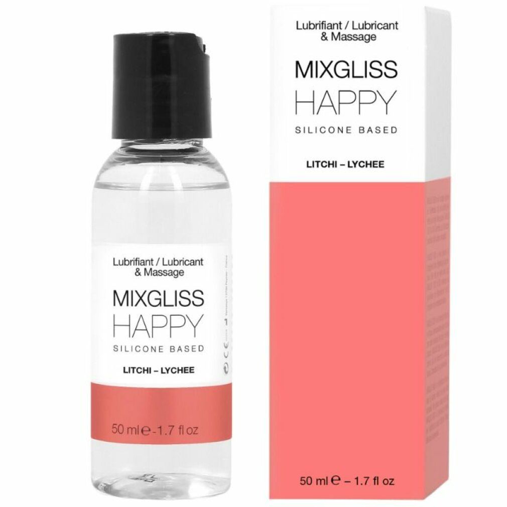 Flacon transparent avec bouchon noir et emballage. Inscription: Mixgliss Happy, Litchi. 50 ml.