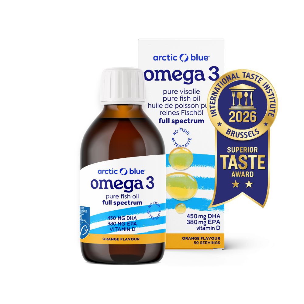 Bruine glazen fles met omega-3 visolie en kartonnen verpakking. Smaakonderscheiding.