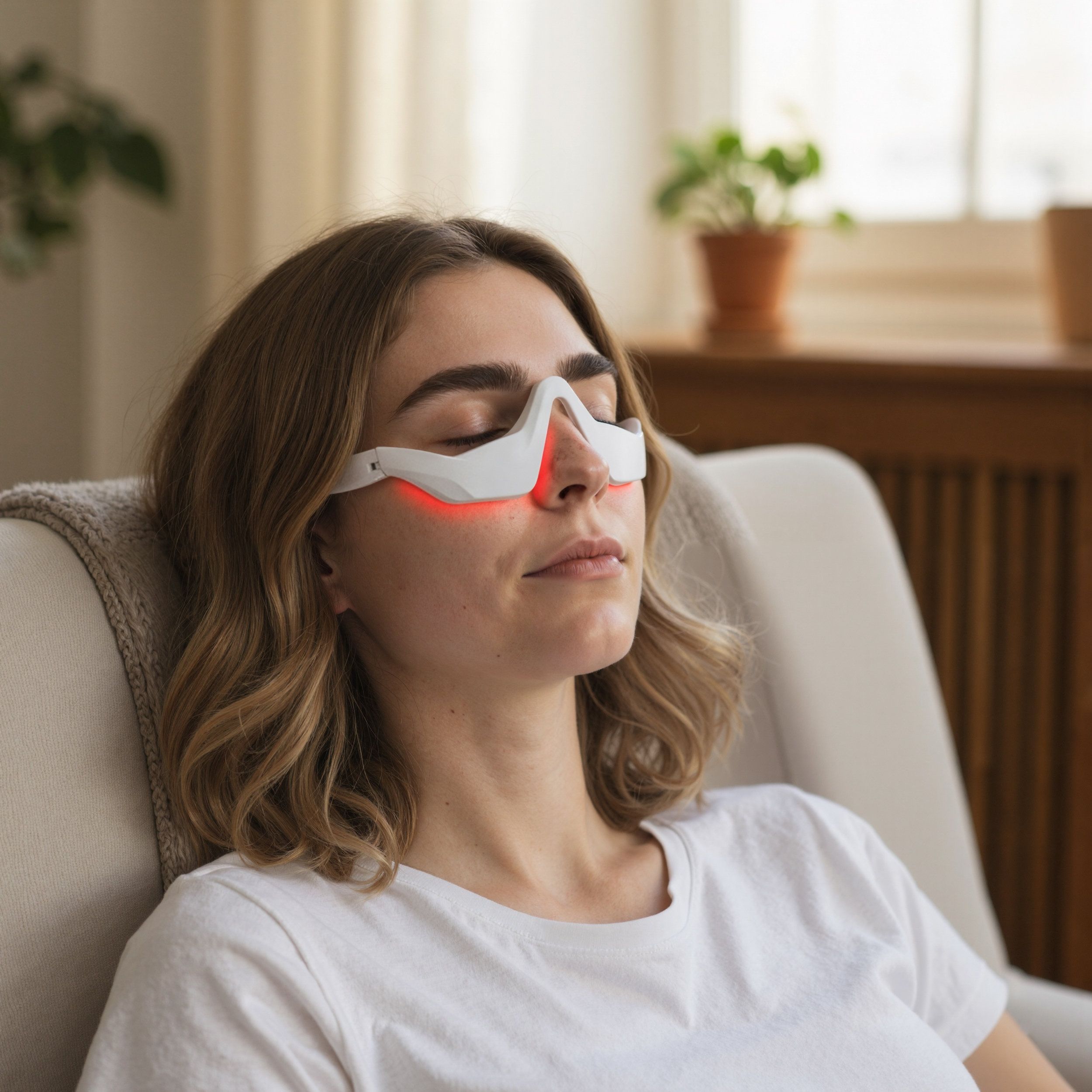 Femme aux yeux fermés portant un masque oculaire blanc EMS-LED avec lumières rouges.