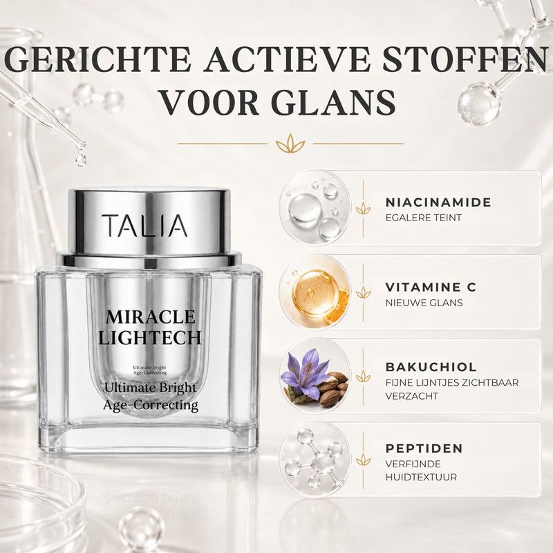 Talia Miracle Lightech Age Correcting crème: Niacinamide, Vitamine C, Bakuchiol, Peptiden.