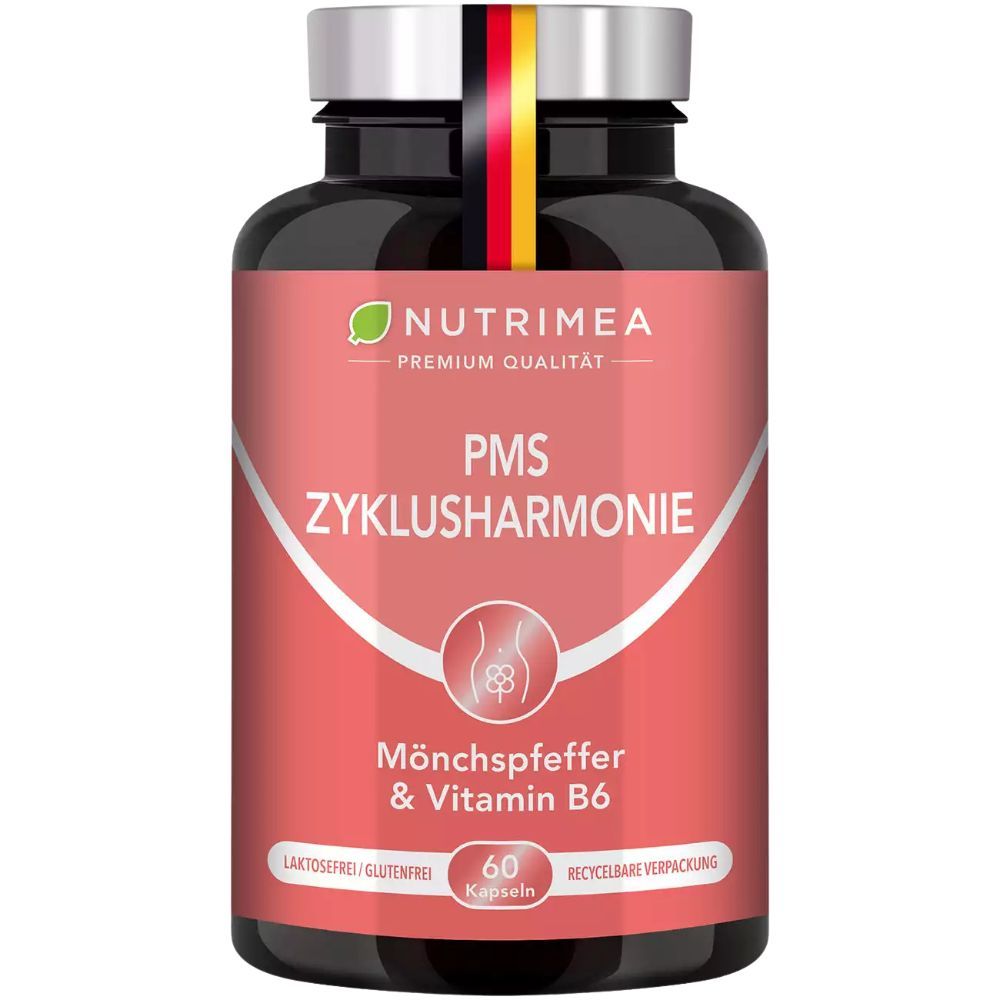 Bruine fles met capsules. Opschrift: PMS Zyklus Harmonie. Bevat Monnikspeper & Vitamine B6. 60 capsules.