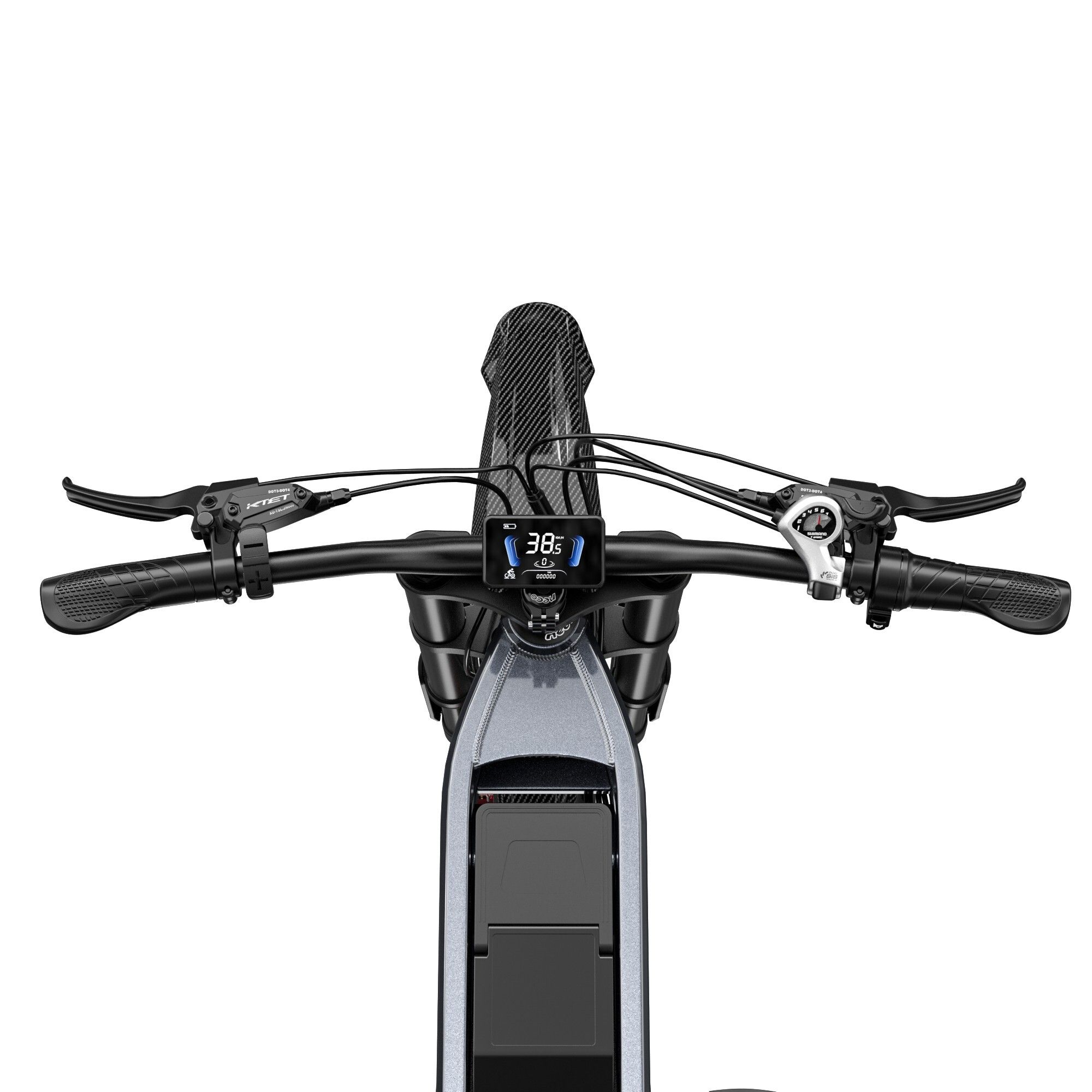 Gros plan sur le guidon d'un VTT électrique. Affichage numérique, leviers de frein. Sur fond blanc.